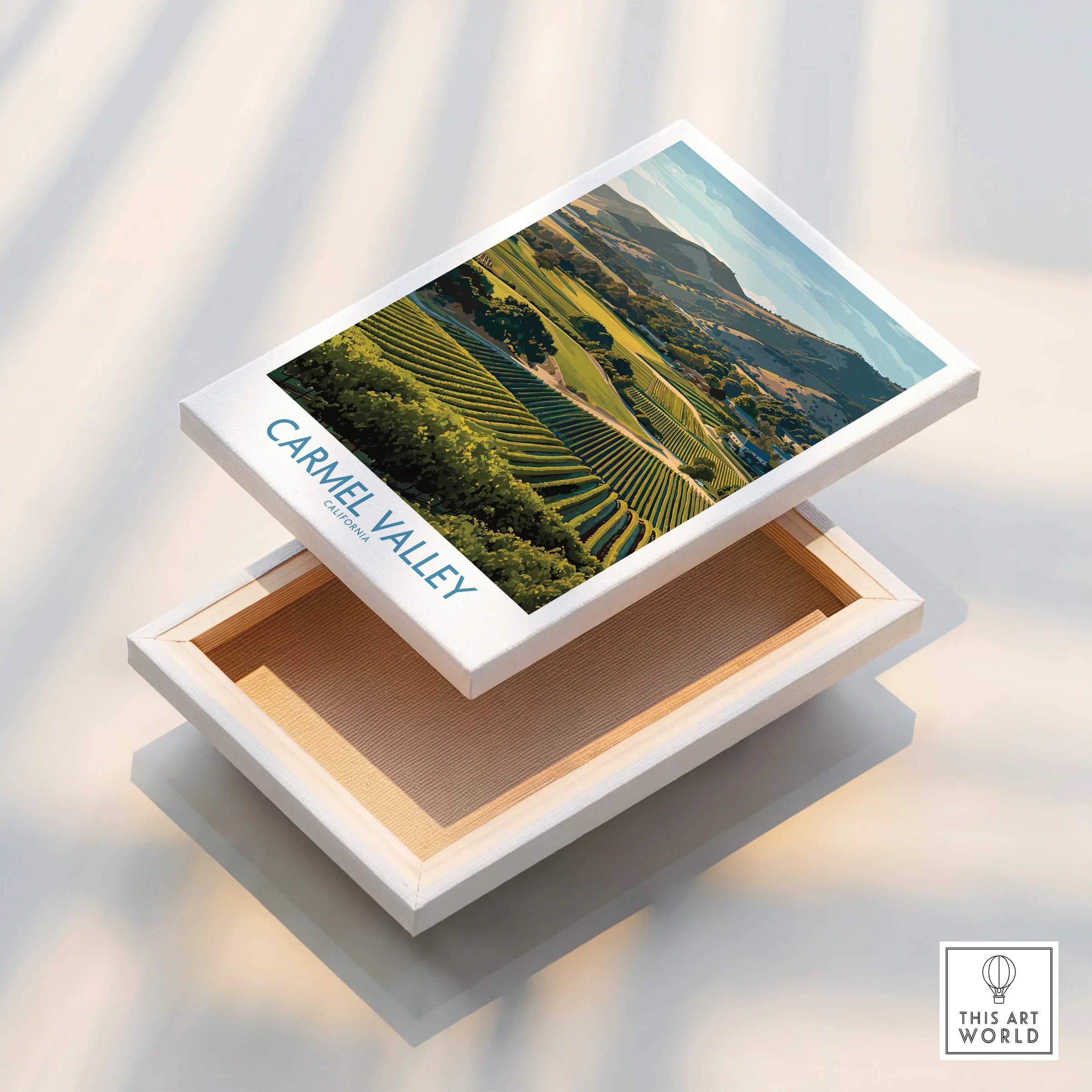 Carmel Valley California canvas wall art print featuring vineyard landscape in floating frame.