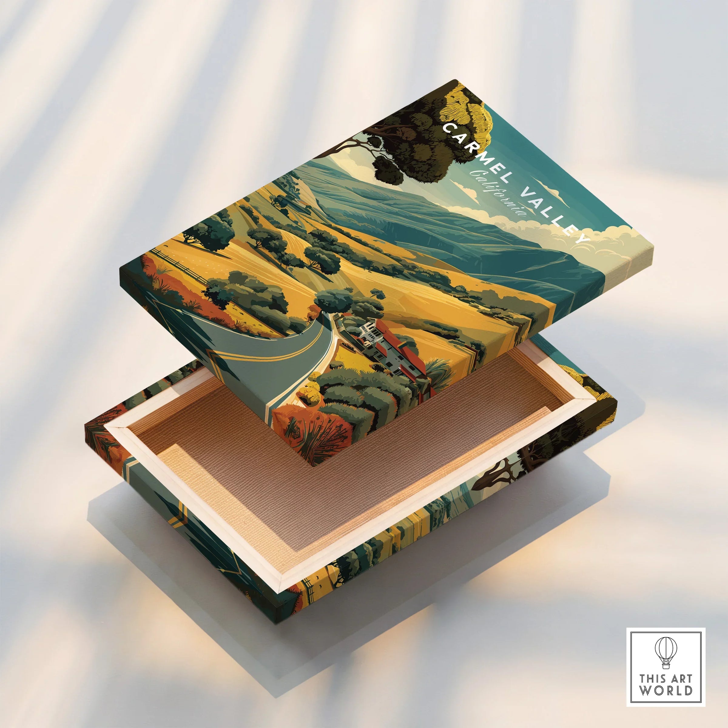 Carmel Valley travel poster art on floating canvas print with scenic landscape design