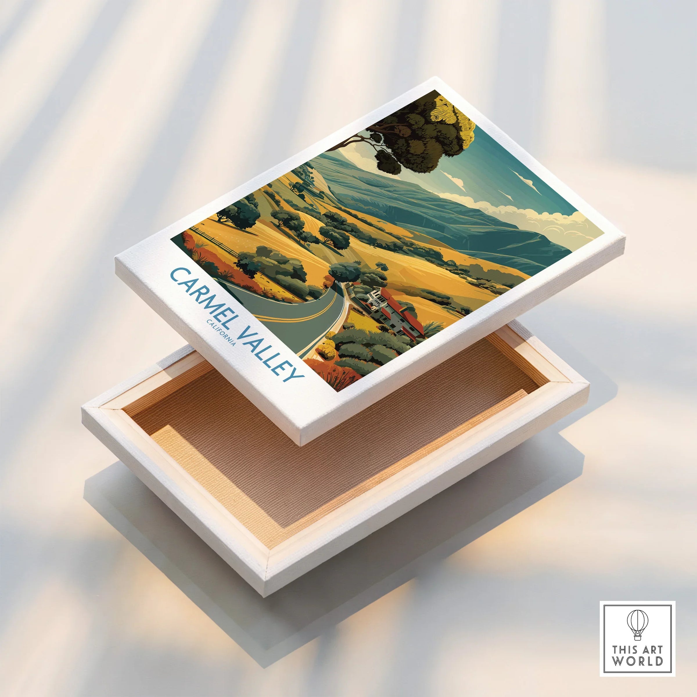 Carmel Valley California travel poster canvas print with scenic landscape and floating frame