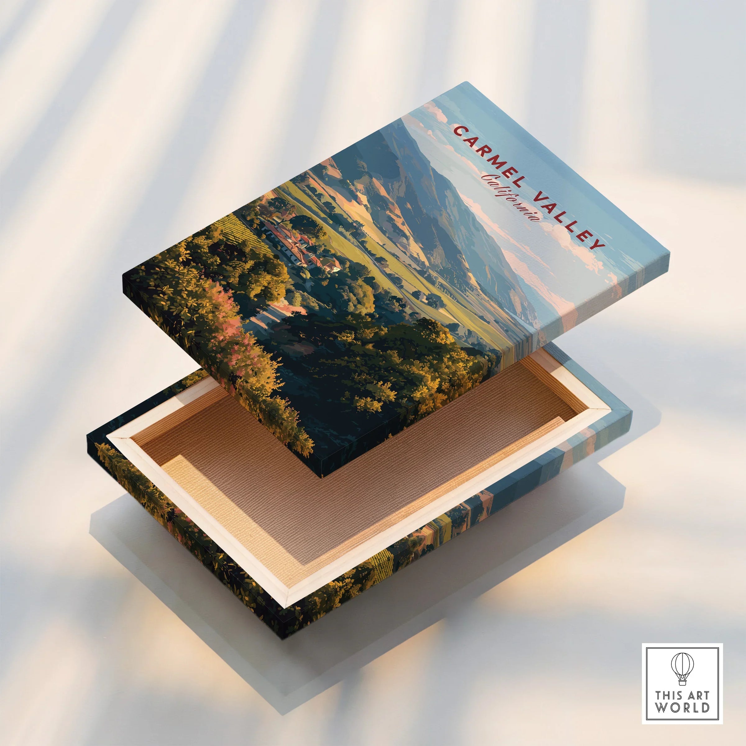 Carmel Valley California travel poster art print on floating stretched canvas box.