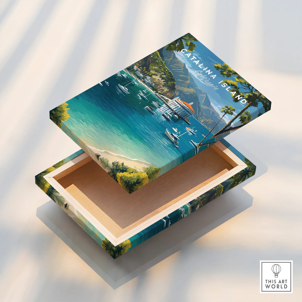 Catalina Island travel poster inspired art print on a decorative wooden box with coastal scene, blue water, boats, and mountains.