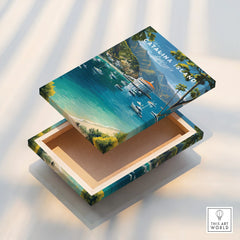 Catalina Island travel poster inspired art print on a decorative wooden box with coastal scene, blue water, boats, and mountains.