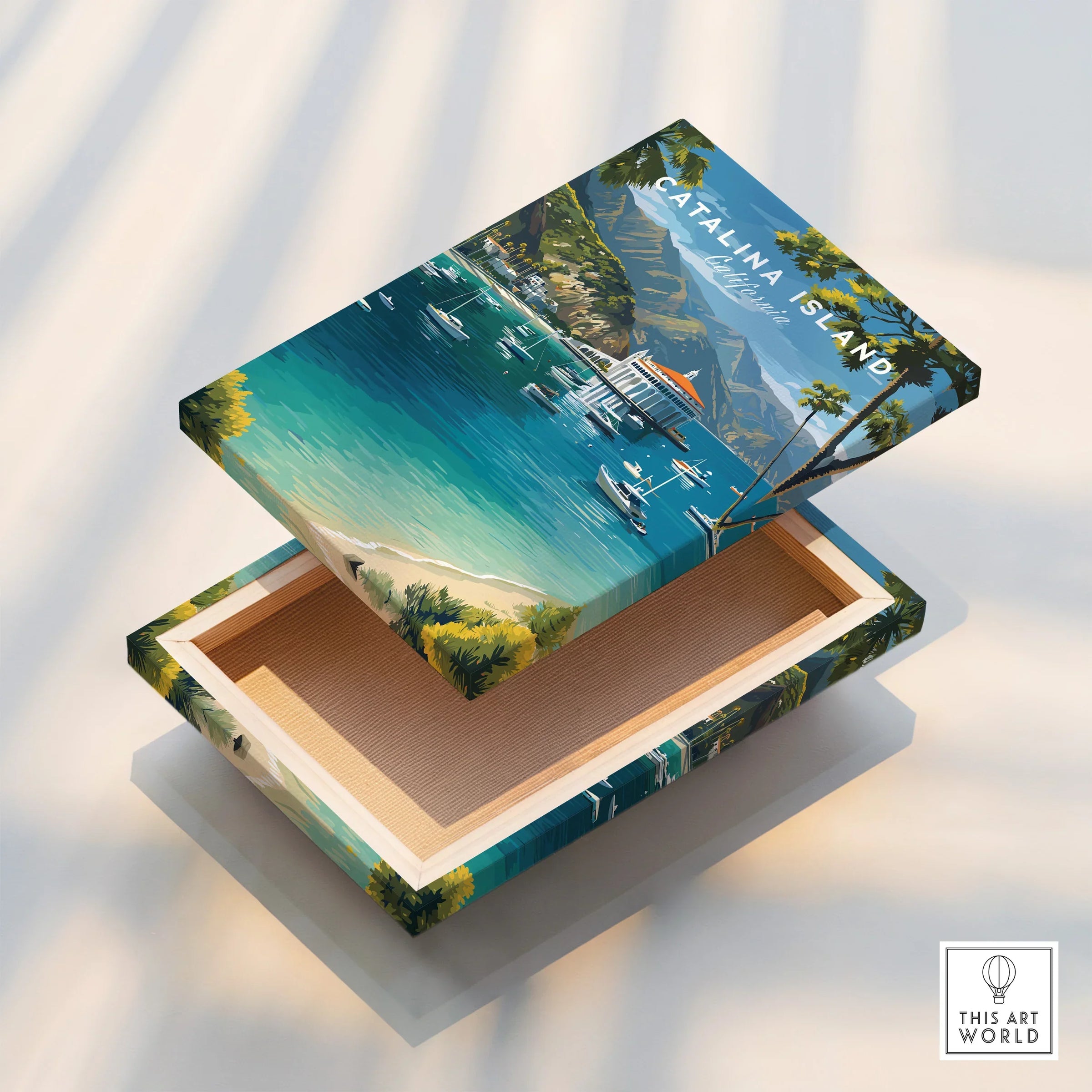 Catalina Island travel poster inspired art print on a decorative wooden box with coastal scene, blue water, boats, and mountains.