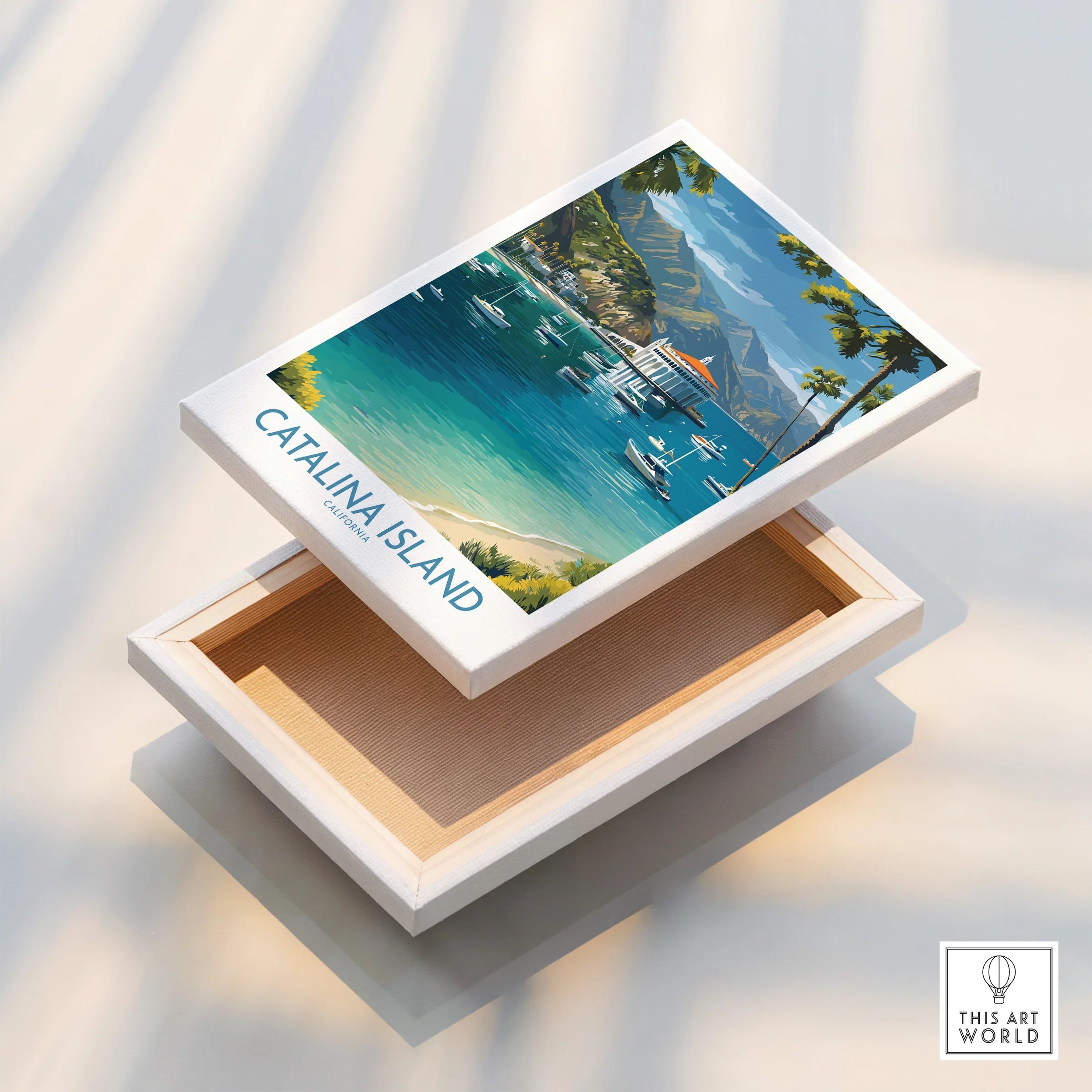 Catalina Island stretched canvas print with colorful coastal art and boats, floating frame detail