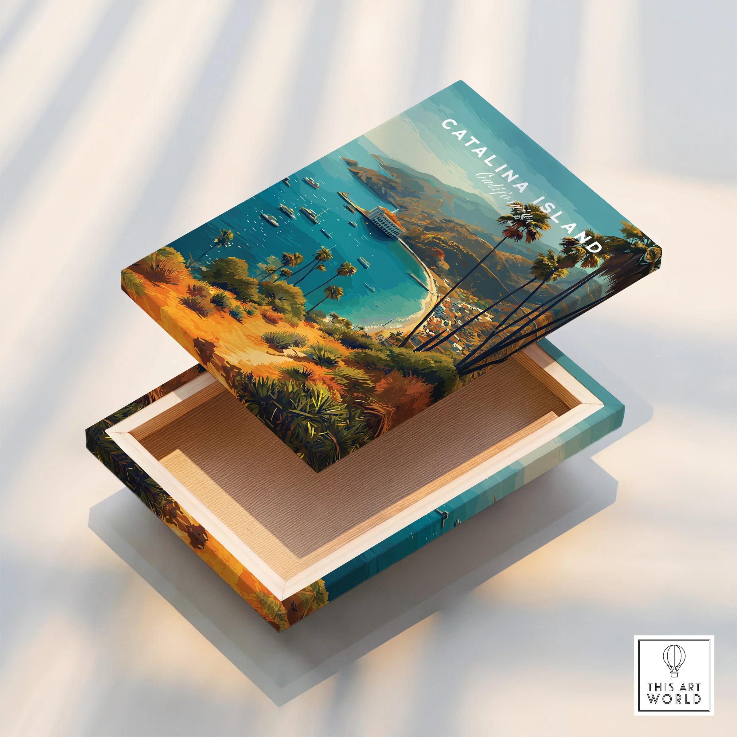 Catalina Island art print on a floating canvas box, showcasing vibrant coastal landscape.