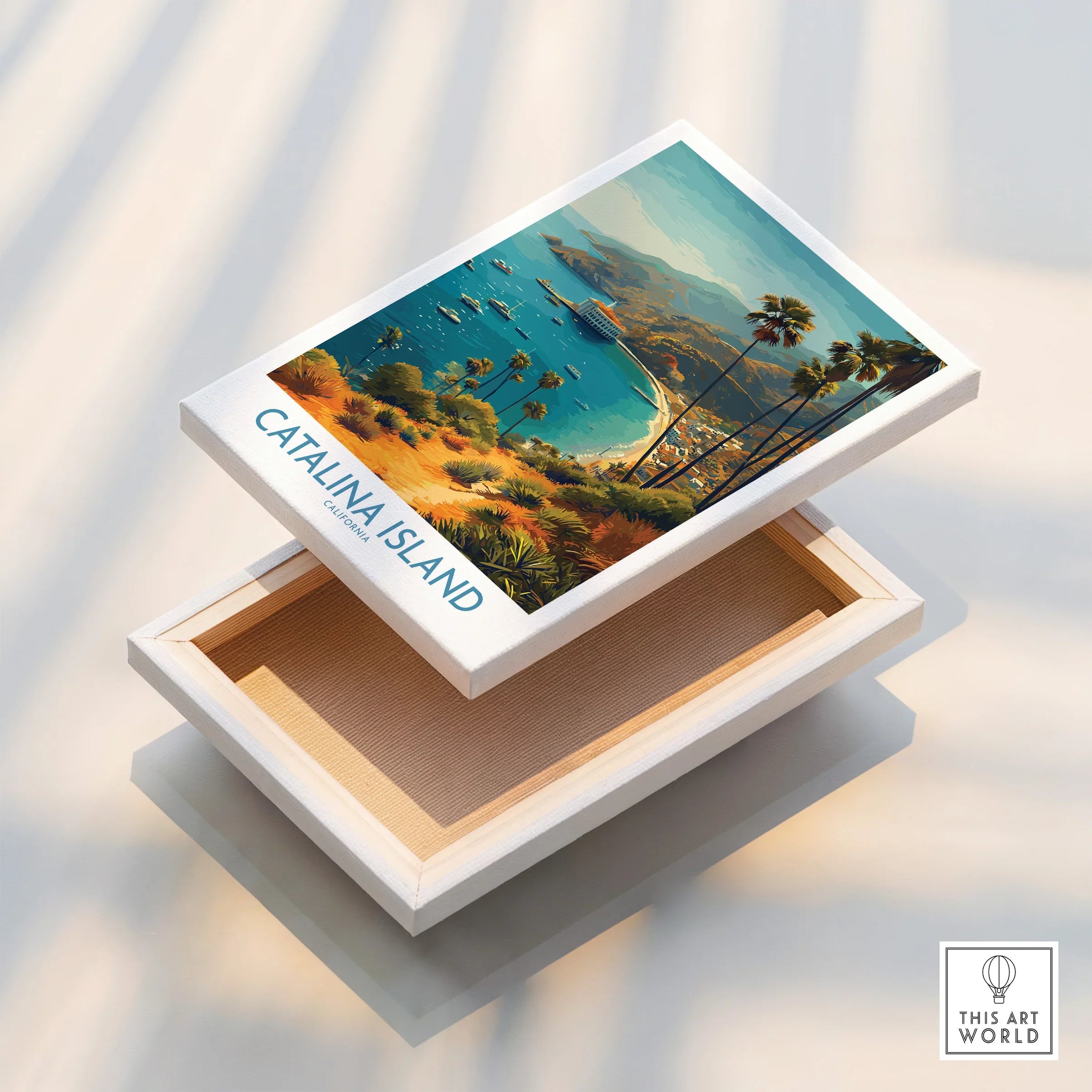 Catalina Island travel poster stretched canvas print with coastal landscape and palm trees