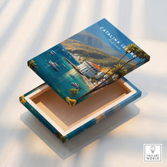 Catalina Island California keepsake box with scenic travel poster art, ocean, palm trees, boats.
