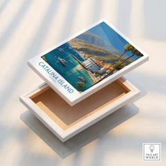 Catalina Island travel poster canvas print with boats, palm trees, and ocean view.