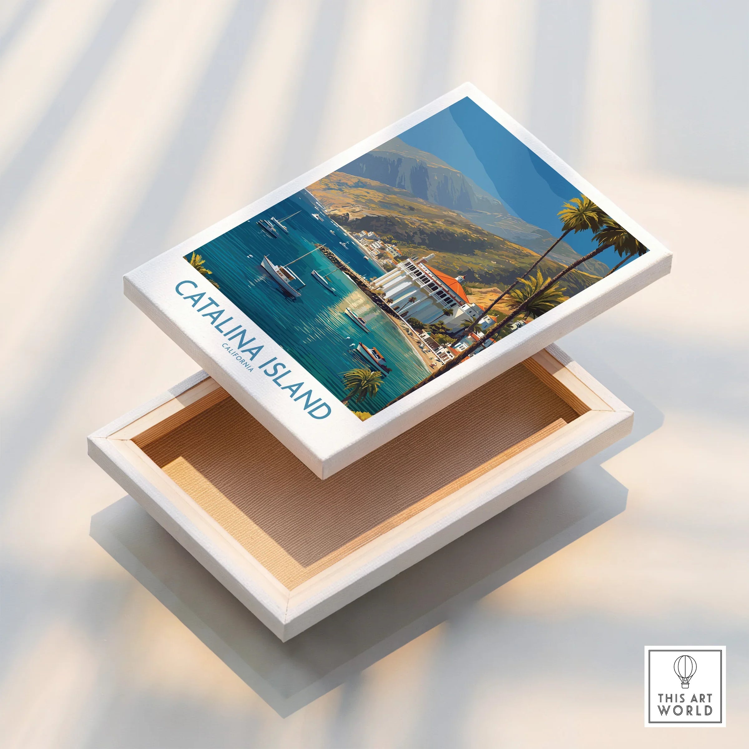 Catalina Island travel poster canvas print with boats, palm trees, and ocean view.