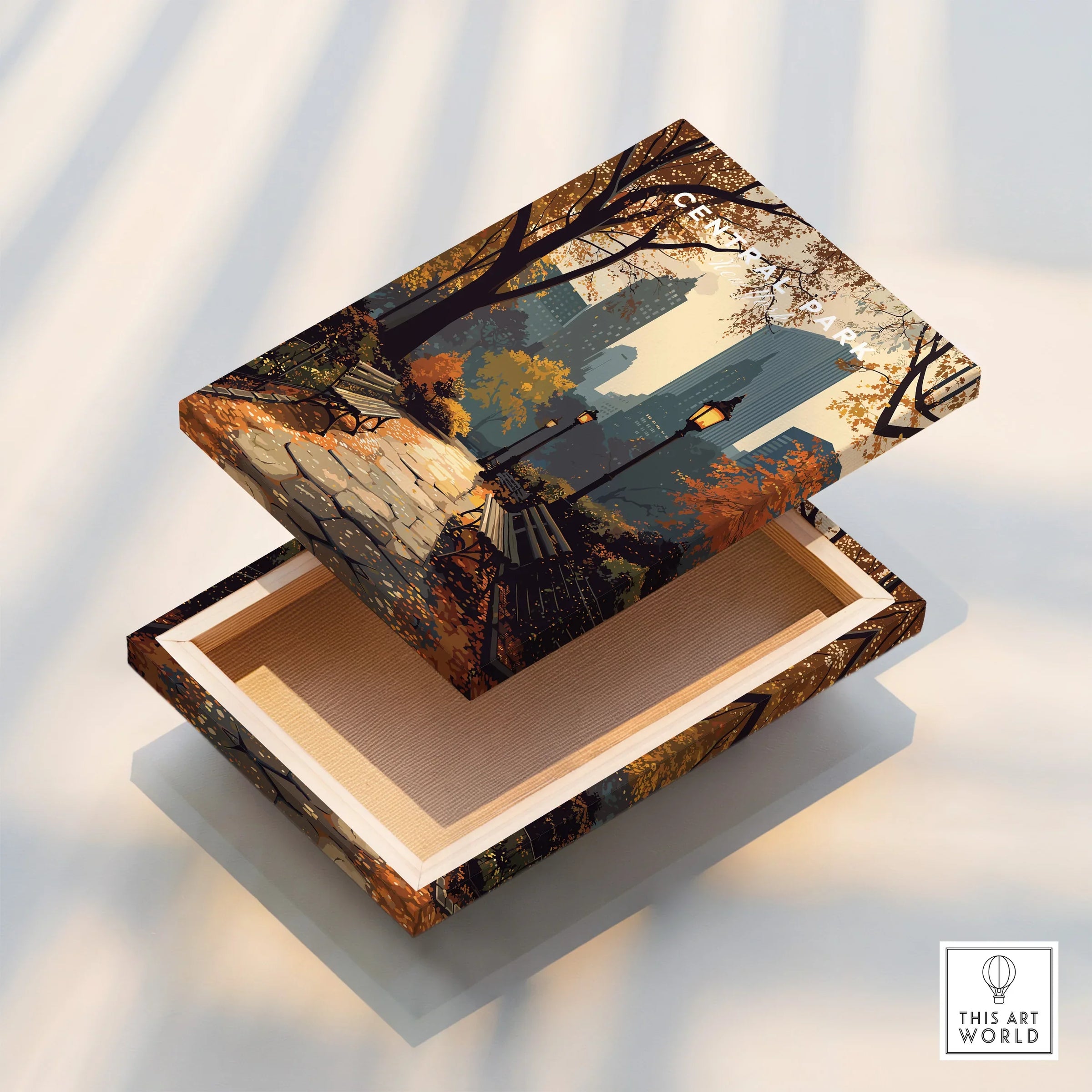 Central Park autumn cityscape art print on floating canvas, open to show edge detail