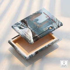 Central Park winter art print on a decorative wooden box with city skyline