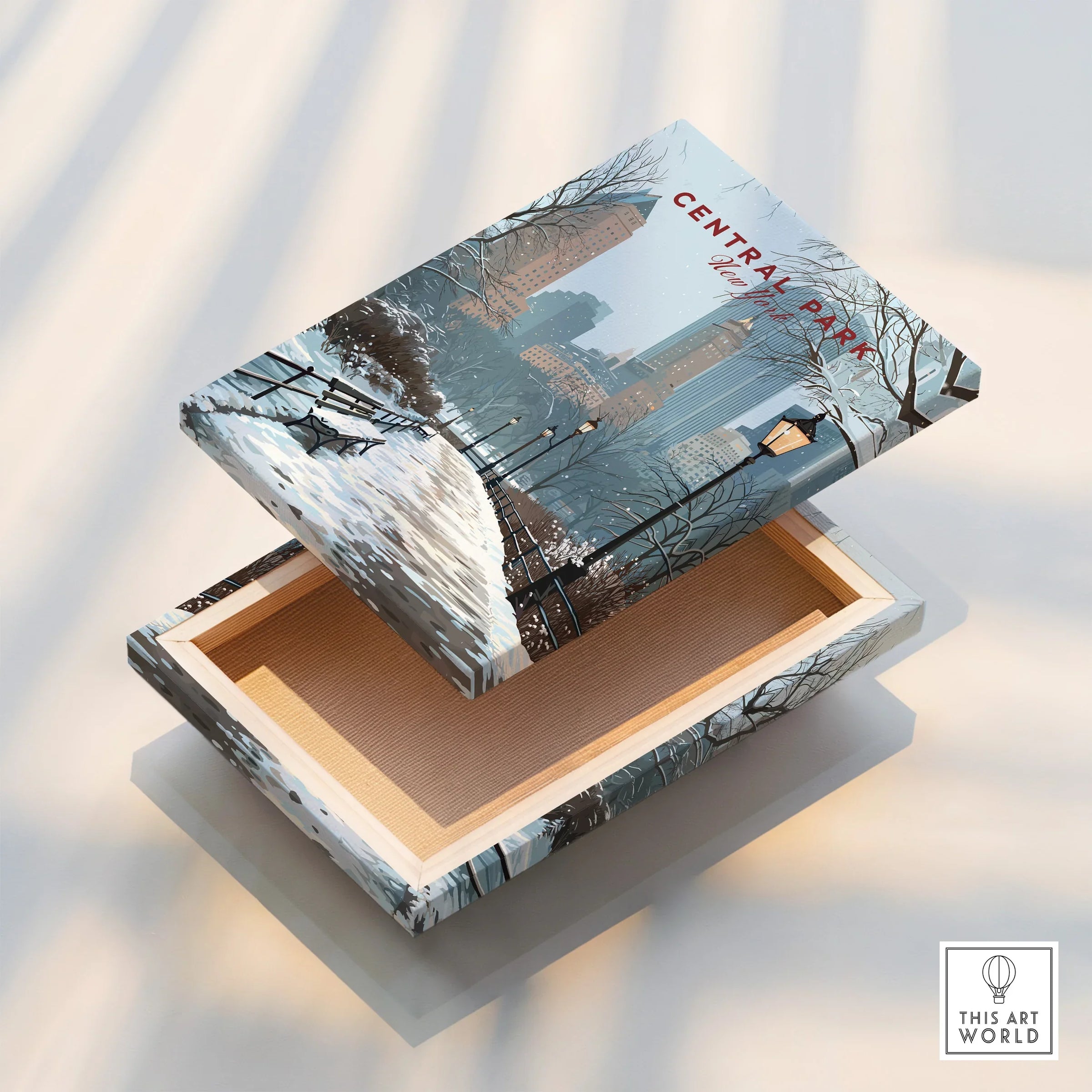 Central Park winter art print on a decorative wooden box with city skyline