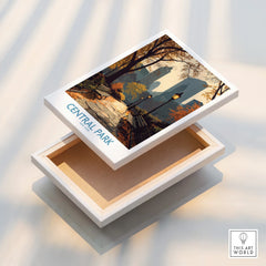 Central Park New York canvas wall art featuring autumn trees, skyline, and park benches.