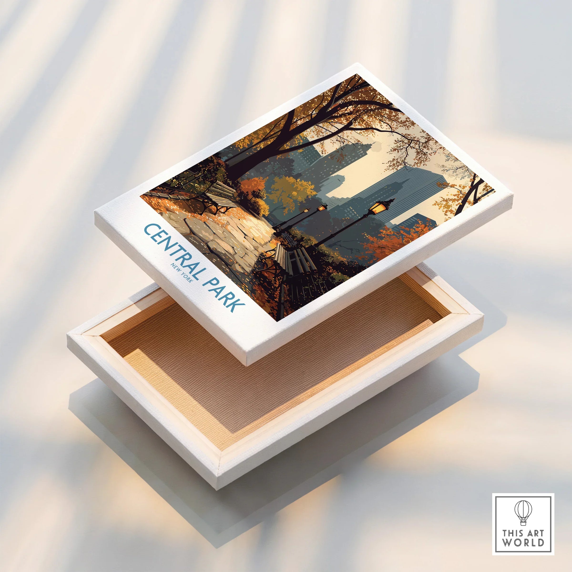 Central Park New York canvas wall art featuring autumn trees, skyline, and park benches.