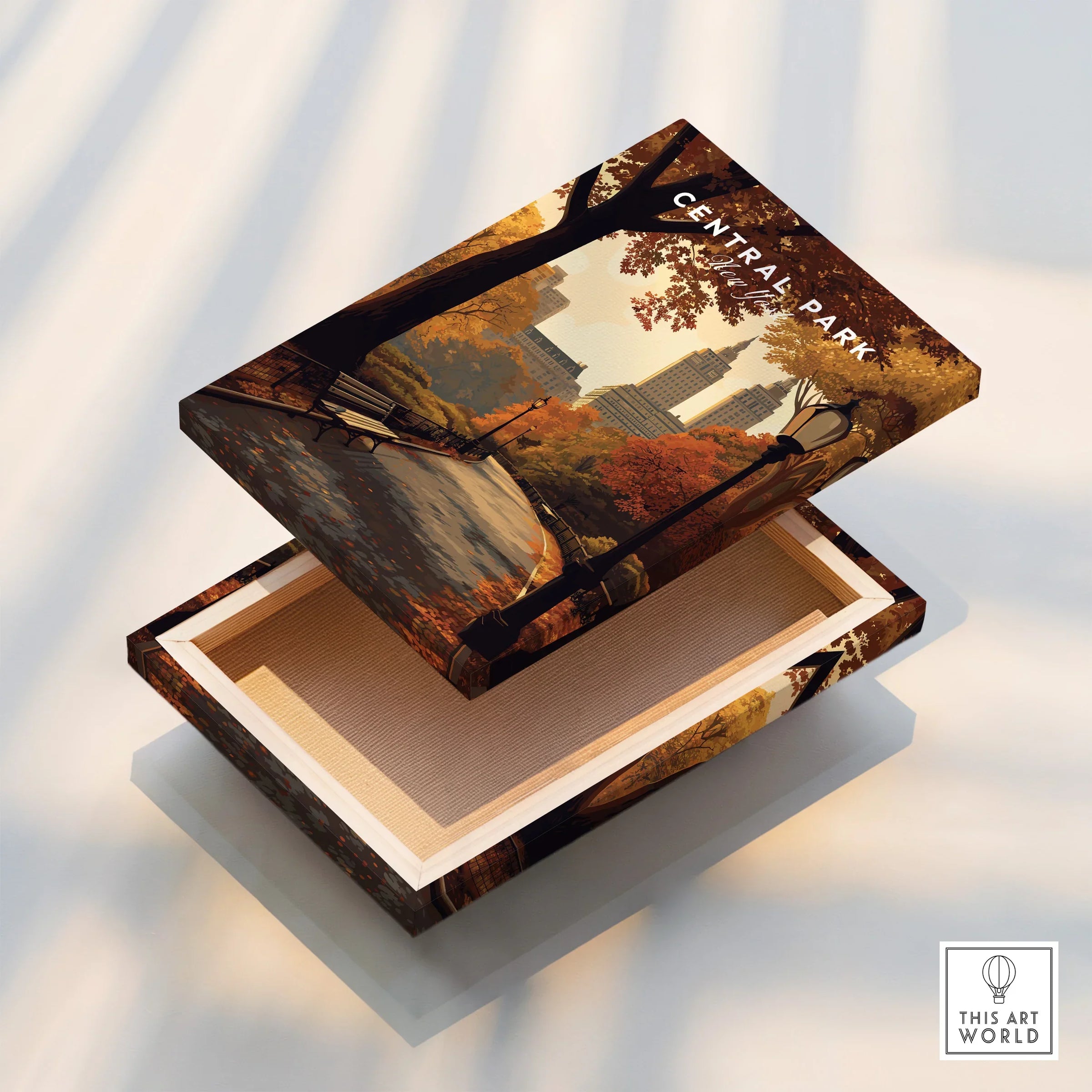 Central Park canvas print in autumn colors with city skyline, floating frame detail.