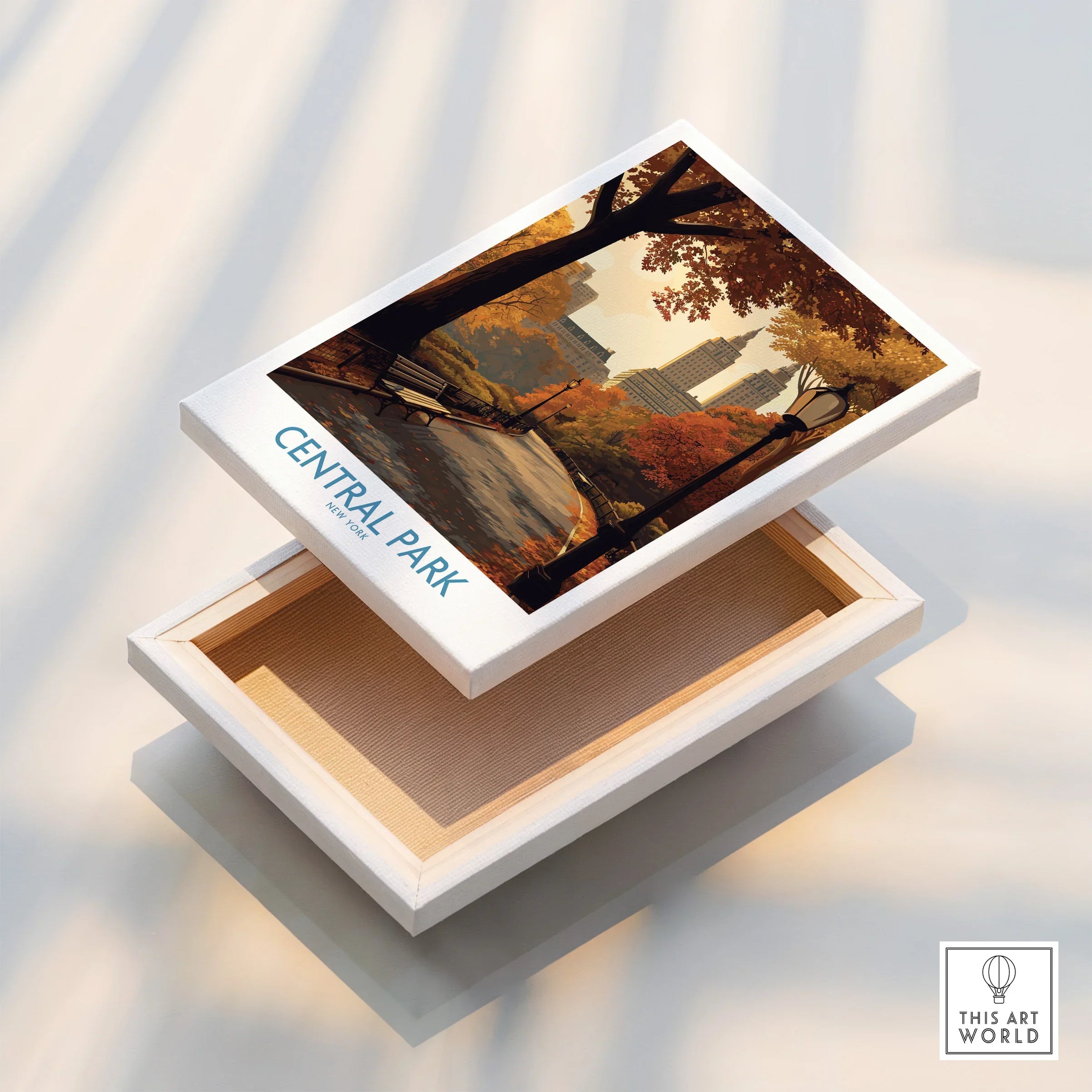Central Park New York canvas wall art with autumn trees and city skyline, floating frame detail
