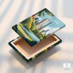 Central Park New York cityscape art box with floating canvas lid, illustrated skyline and greenery