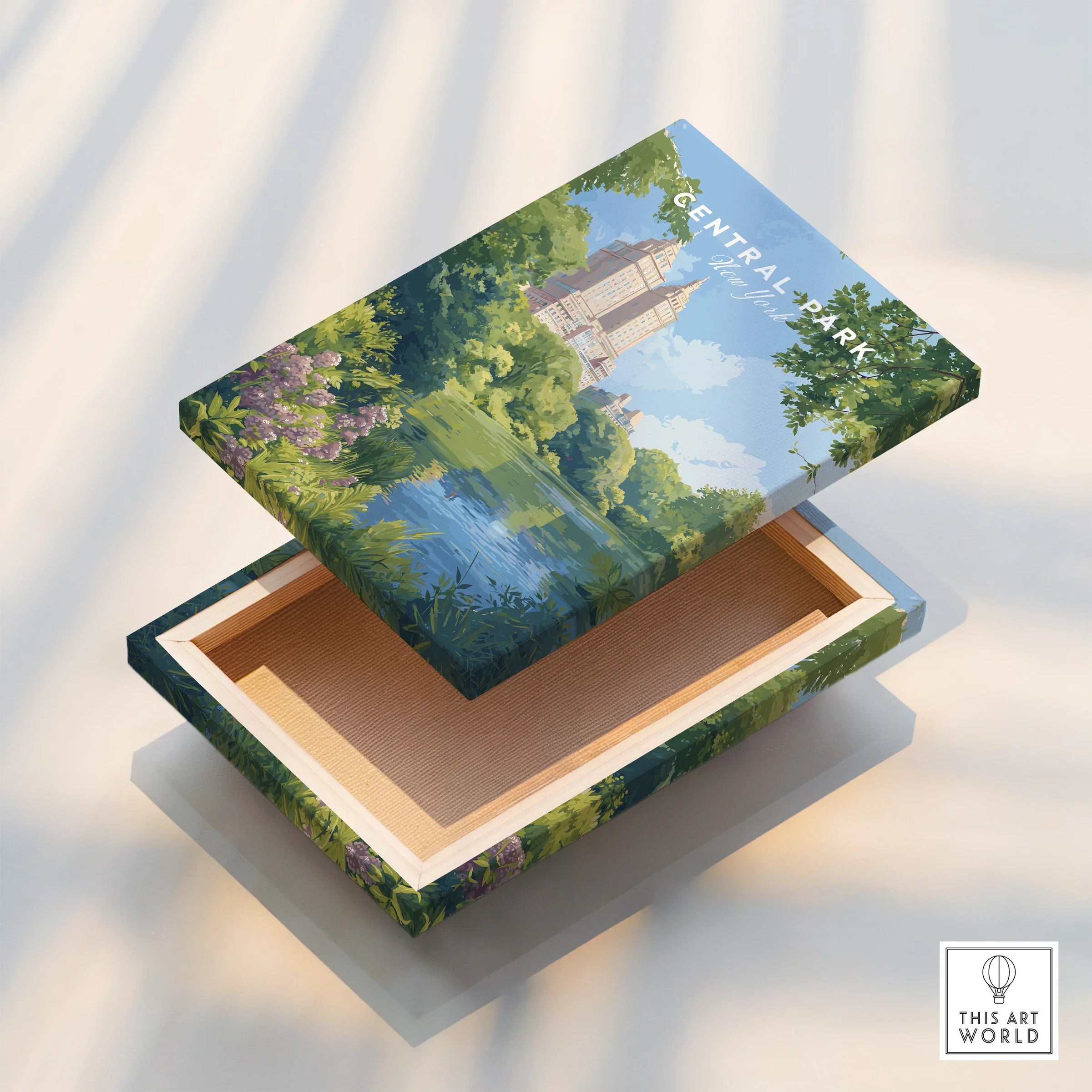 Central Park illustrated wall art print on a floating wood canvas box, New York decor