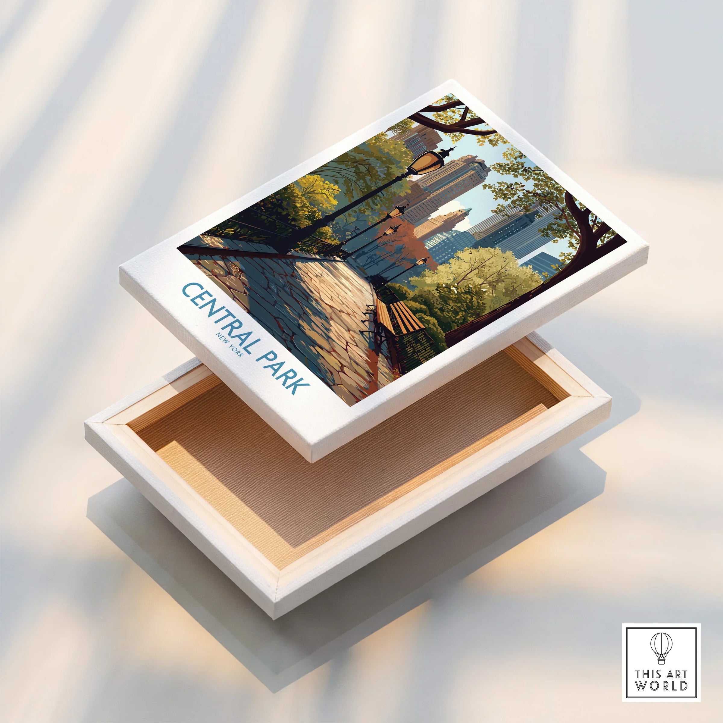 Central Park New York stretched canvas wall art with city skyline and park bench illustration