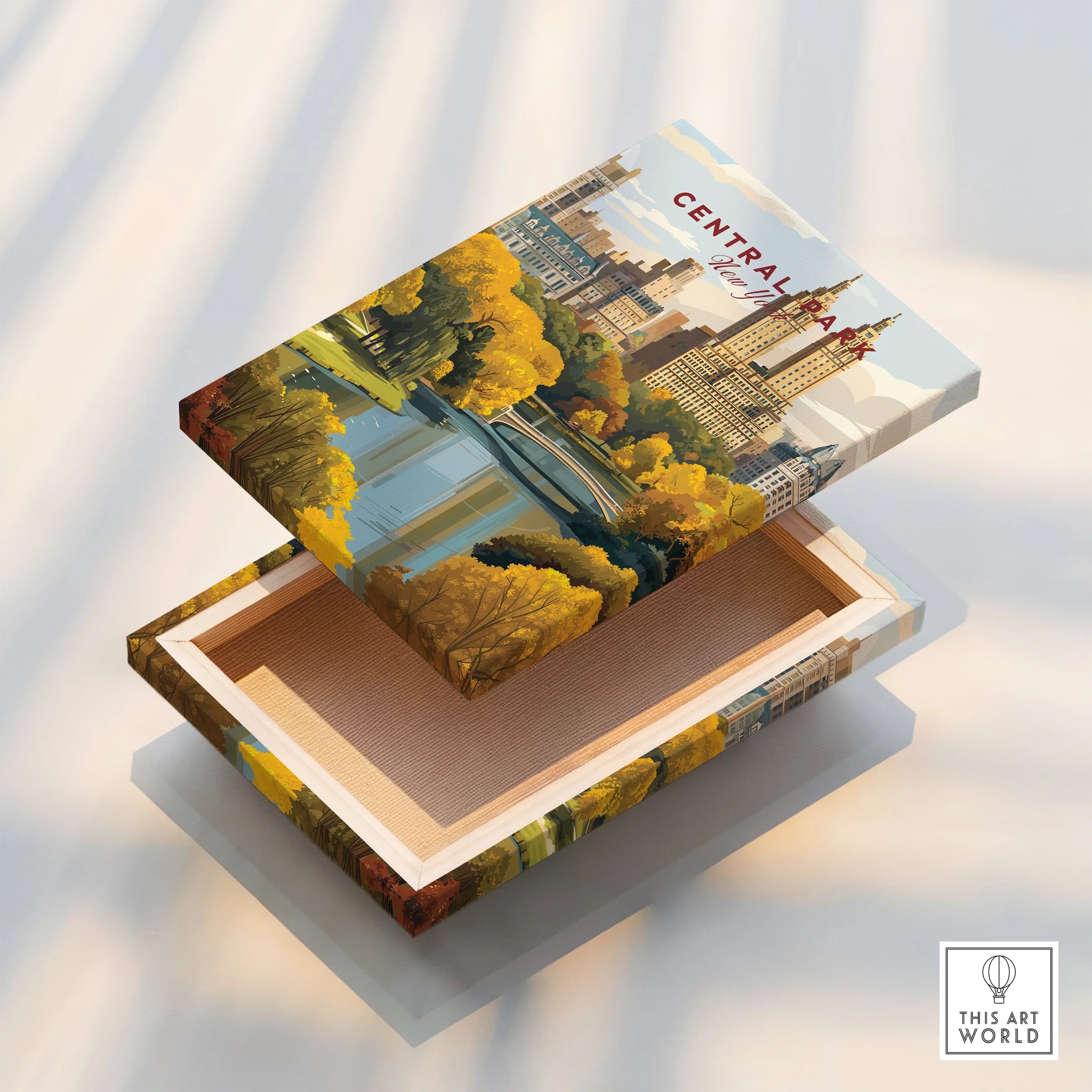 Central Park New York skyline art print on a decorative keepsake box lid, autumn colors