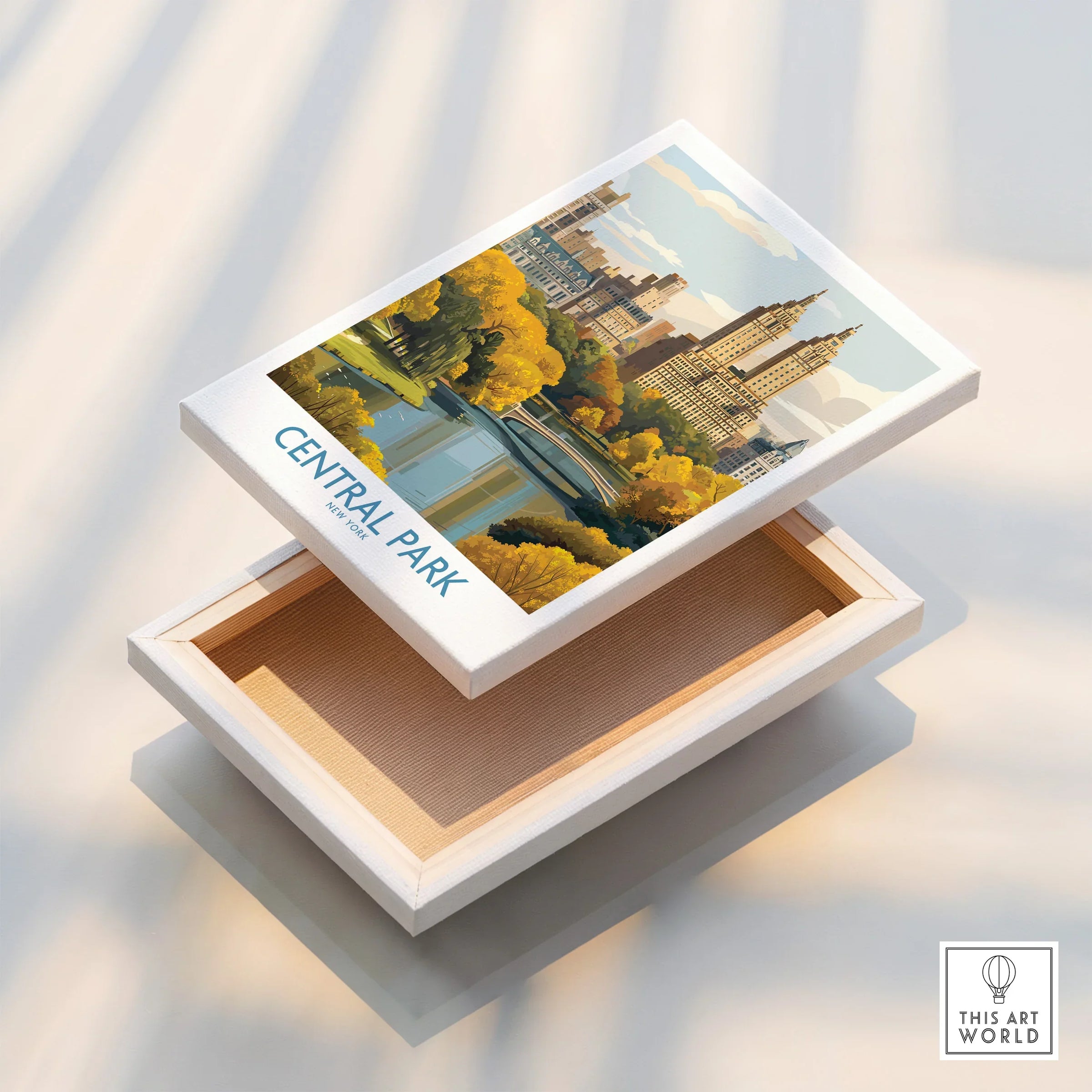Central Park New York stretched canvas wall art print with skyline and autumn trees on box lid