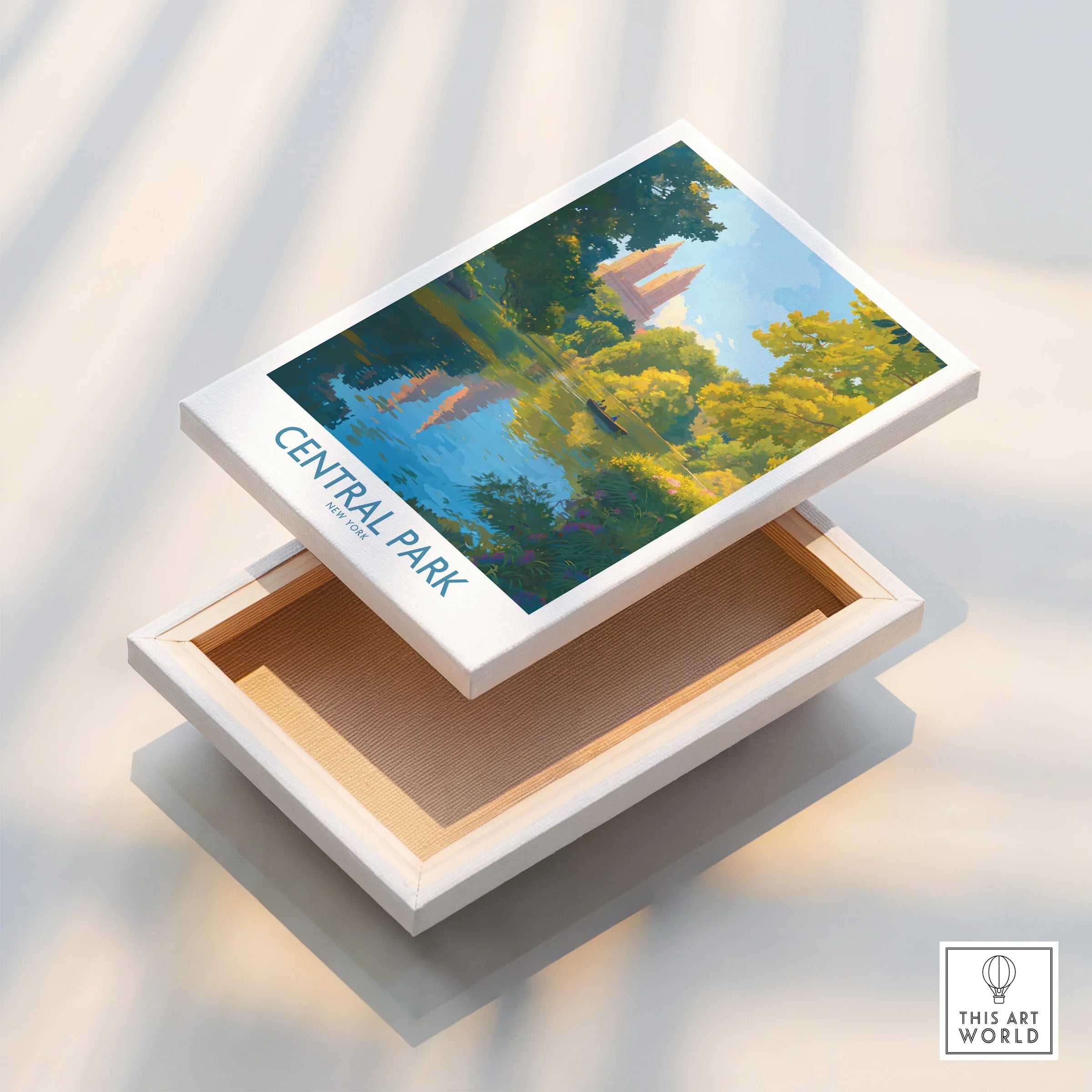 Central Park New York canvas print with lake, trees, and skyline, shown in floating frame.