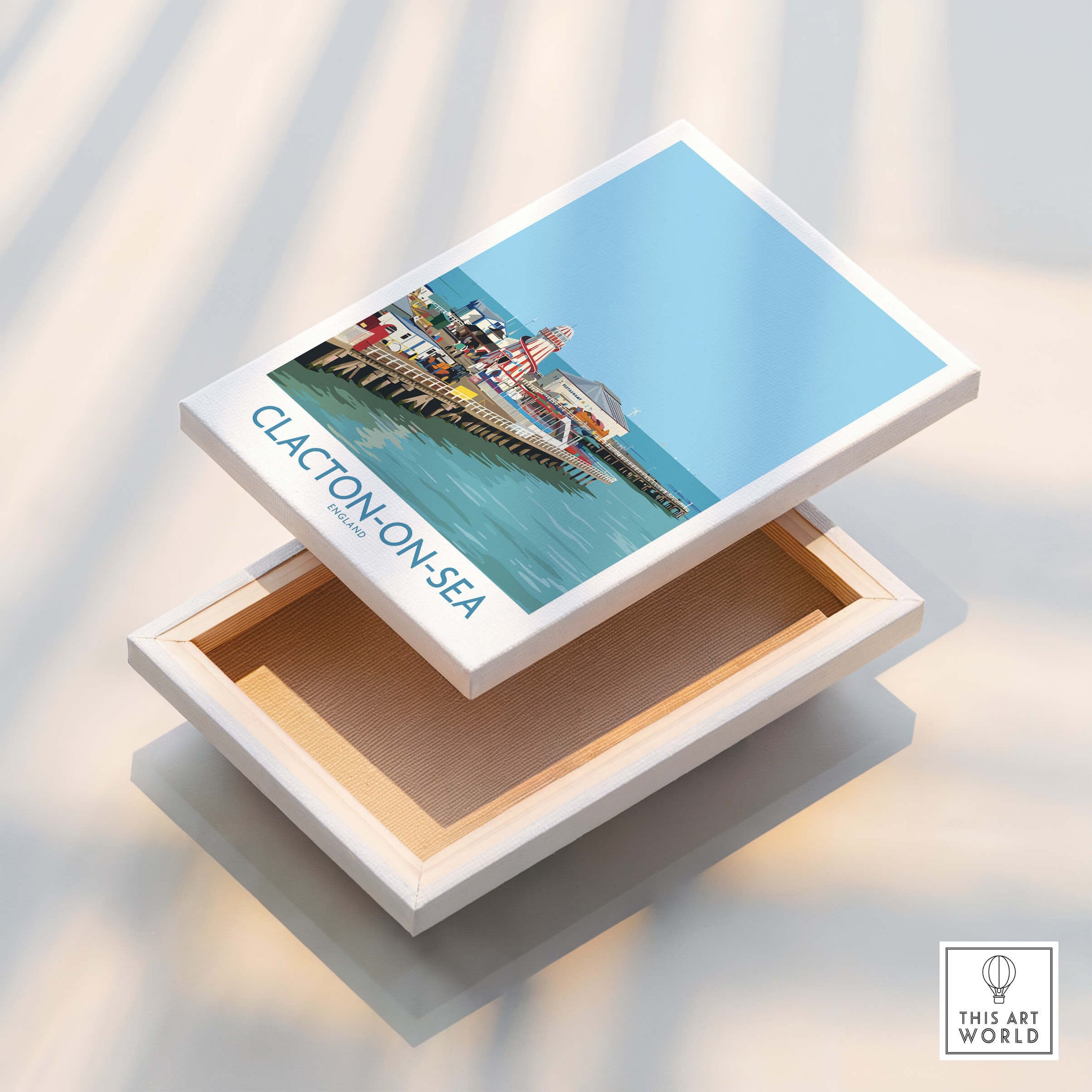 Clacton-on-Sea England Wall Art – British Seaside Decor with colorful pier design in a boxed frame.