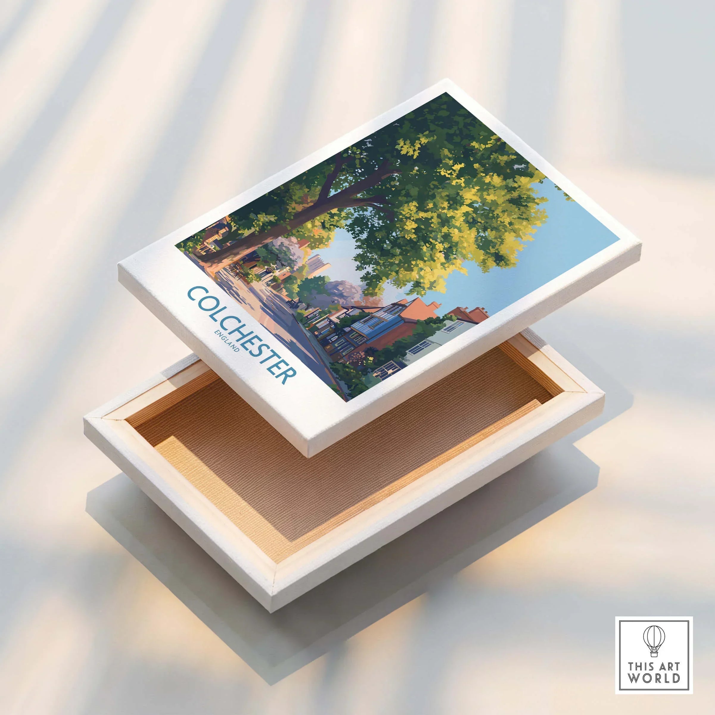 Colchester England art print on stretched canvas with floating frame, vibrant street scene