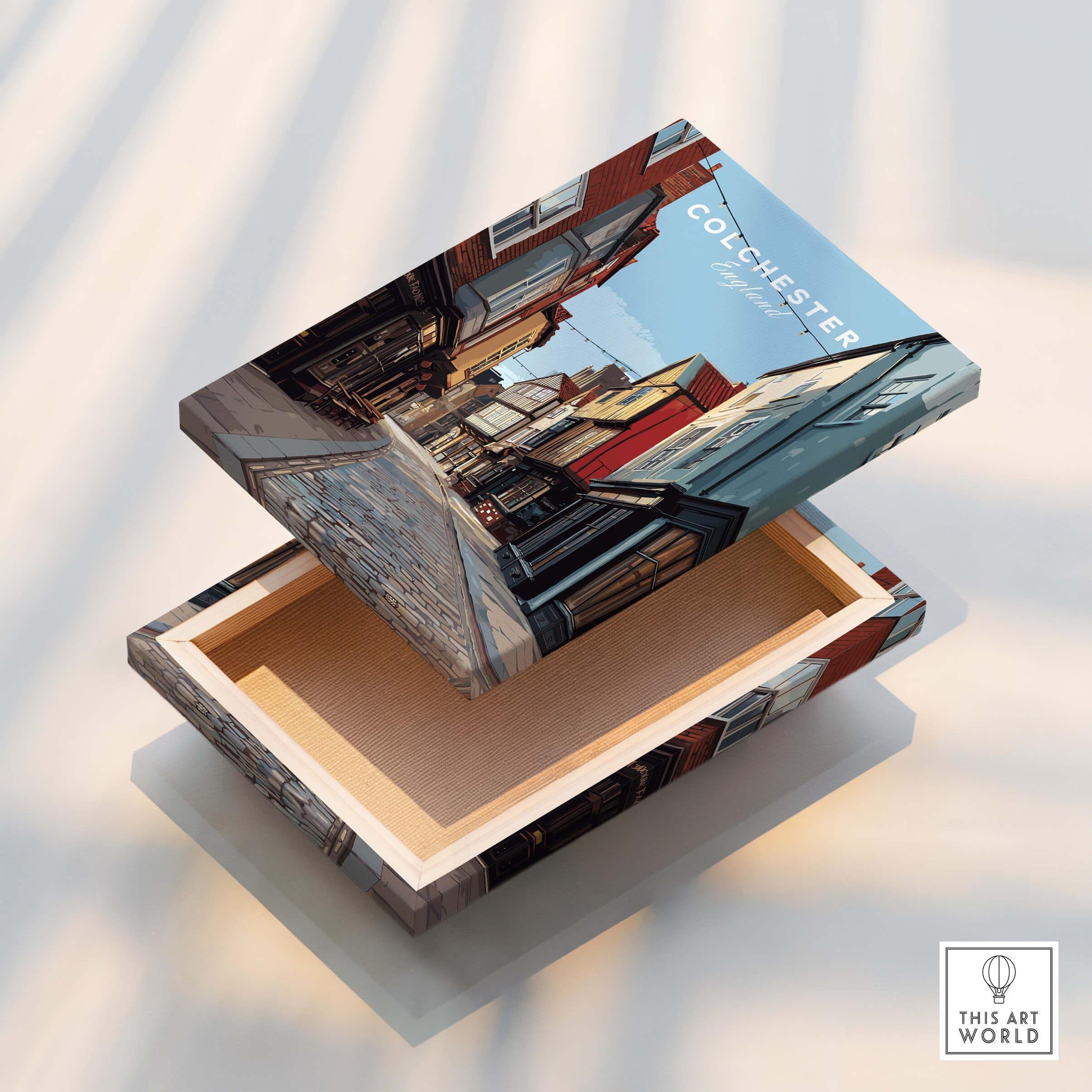 Colchester England cityscape art on decorative wooden box with open lid