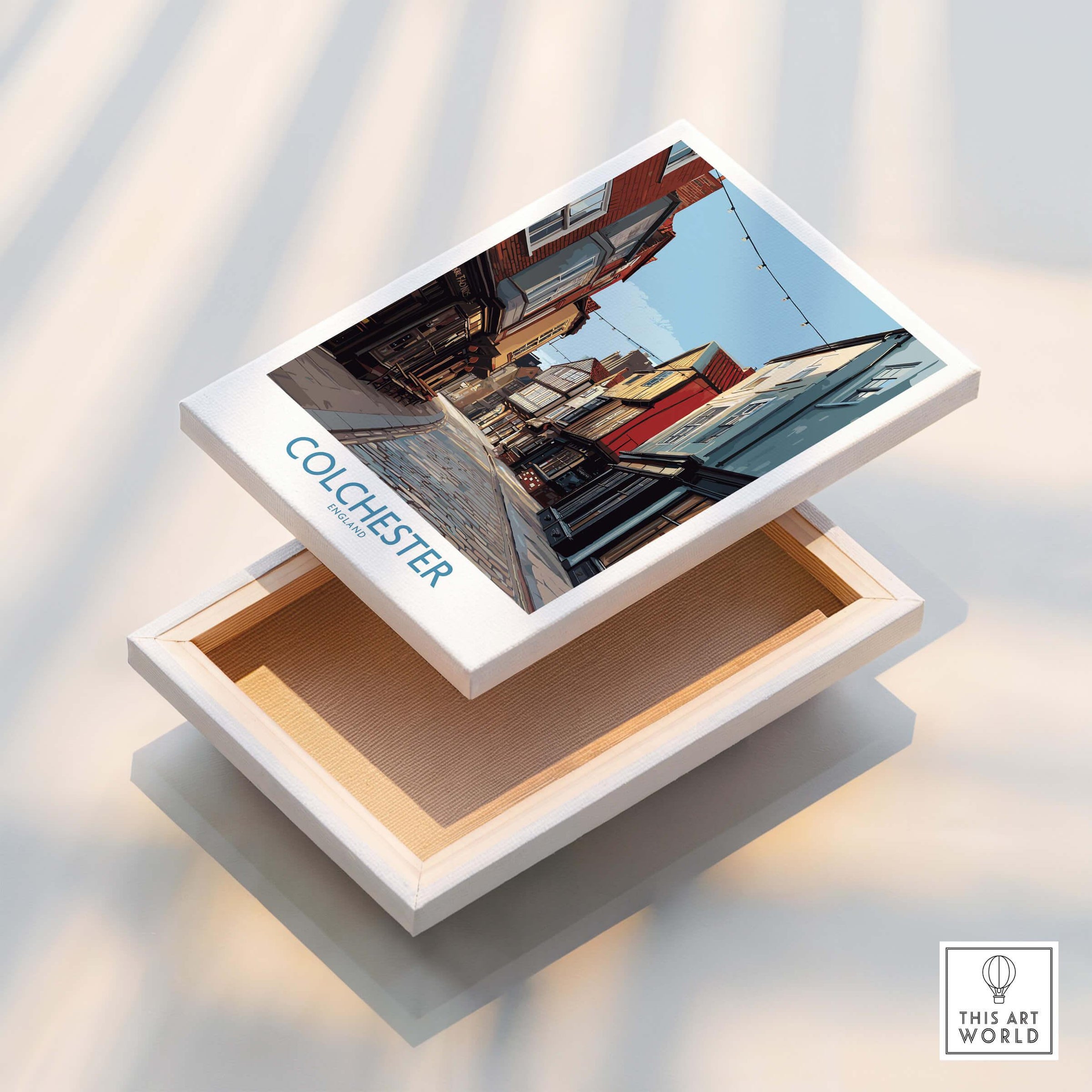Colchester travel poster canvas print with detailed city street illustration, floating frame