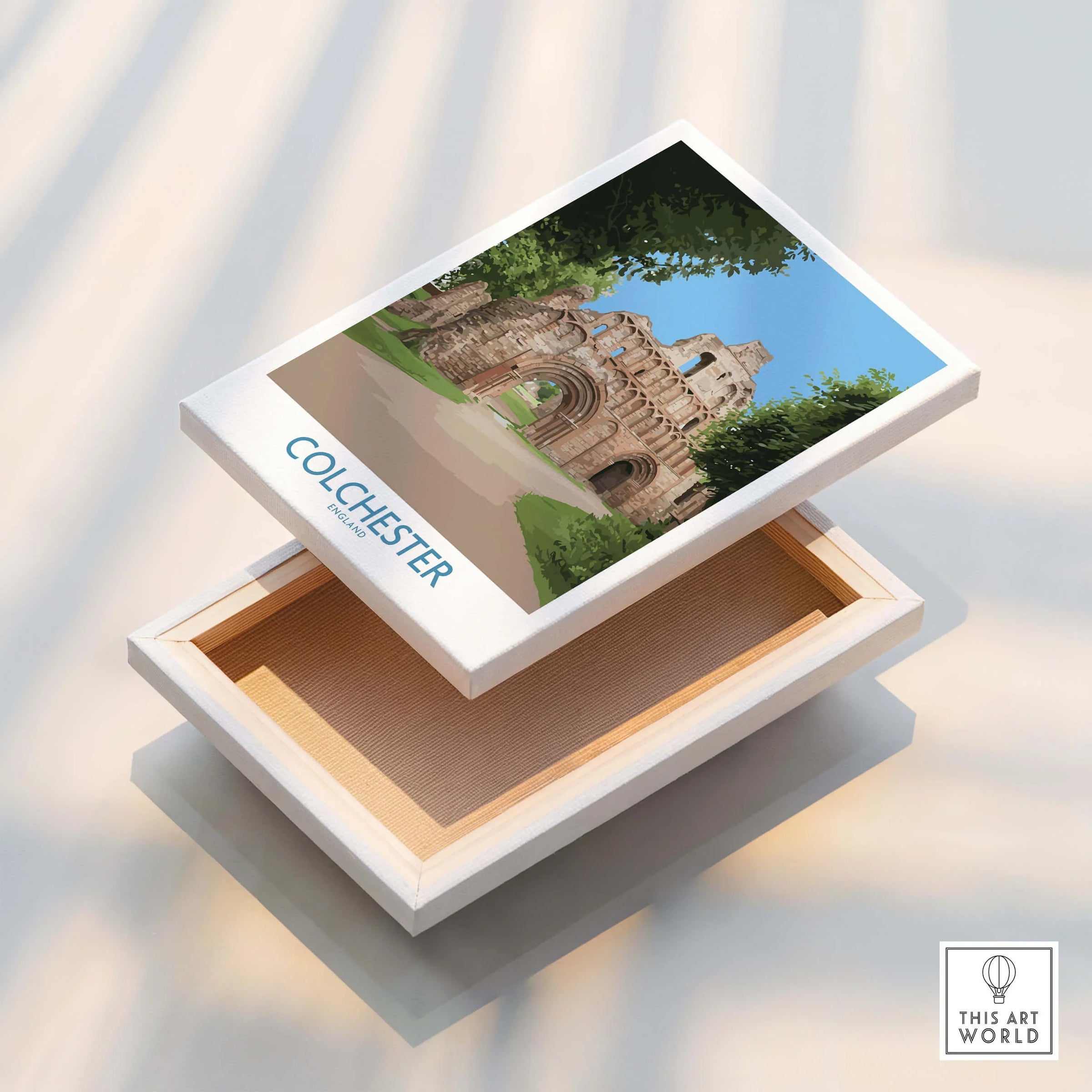 Colchester Abbey travel poster stretched canvas print with floating frame detail