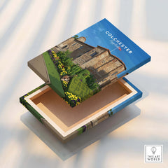 Colchester England illustrated travel art on floating stretched canvas box with lid open