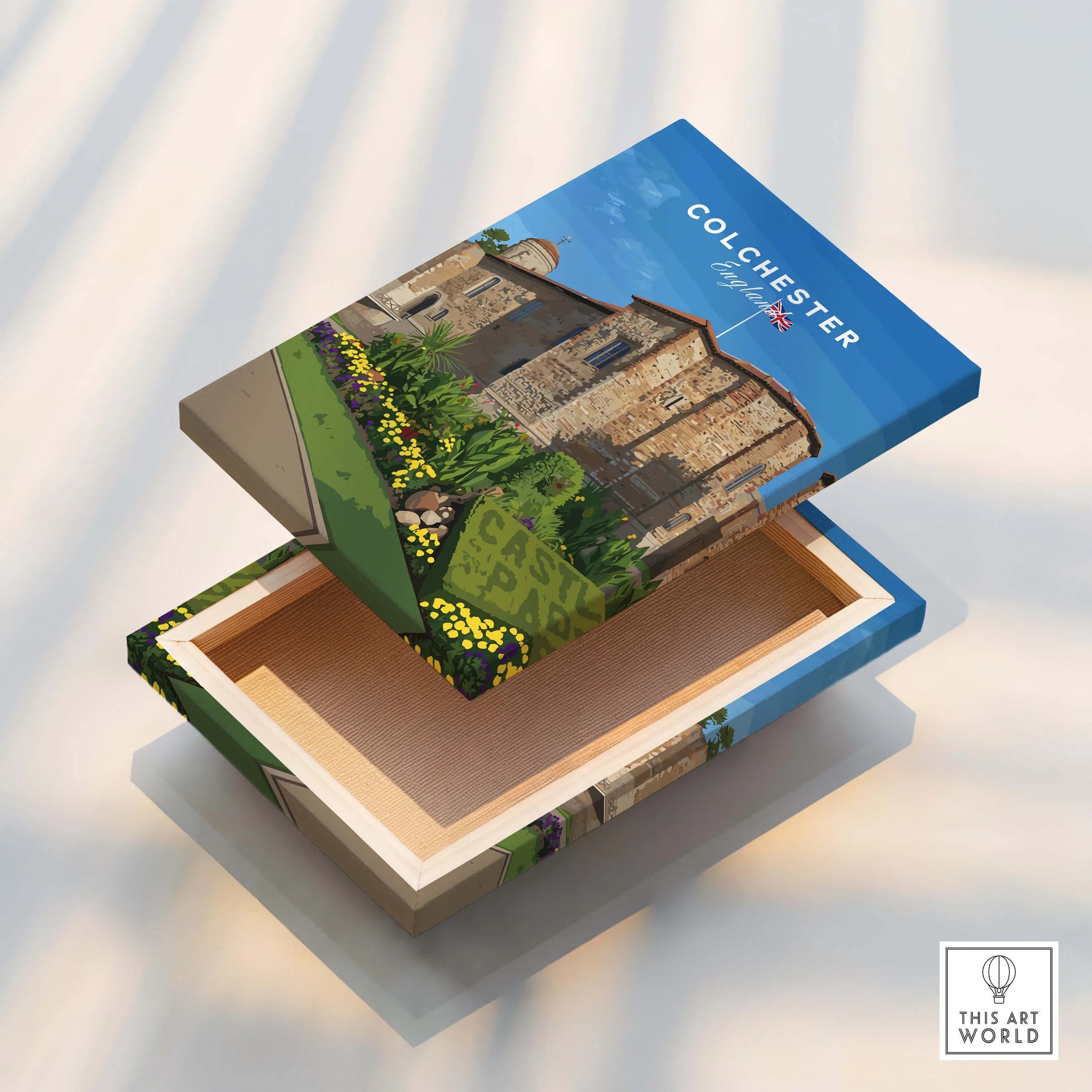 Colchester England illustrated travel art on floating stretched canvas box with lid open