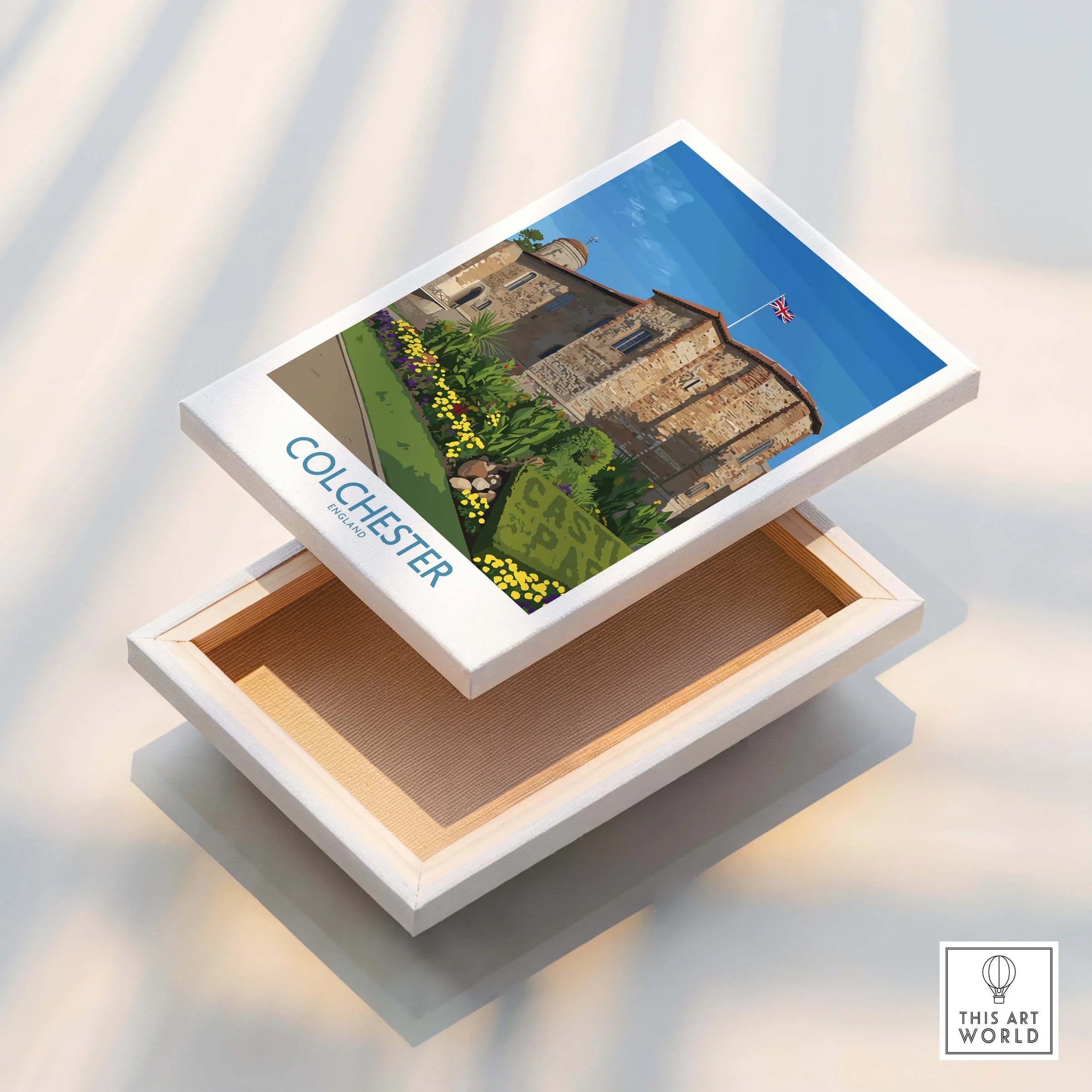 Colchester Castle travel poster stretched canvas print with floating frame detail
