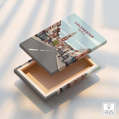 Colchester England cityscape art print on a floating canvas box with wooden interior