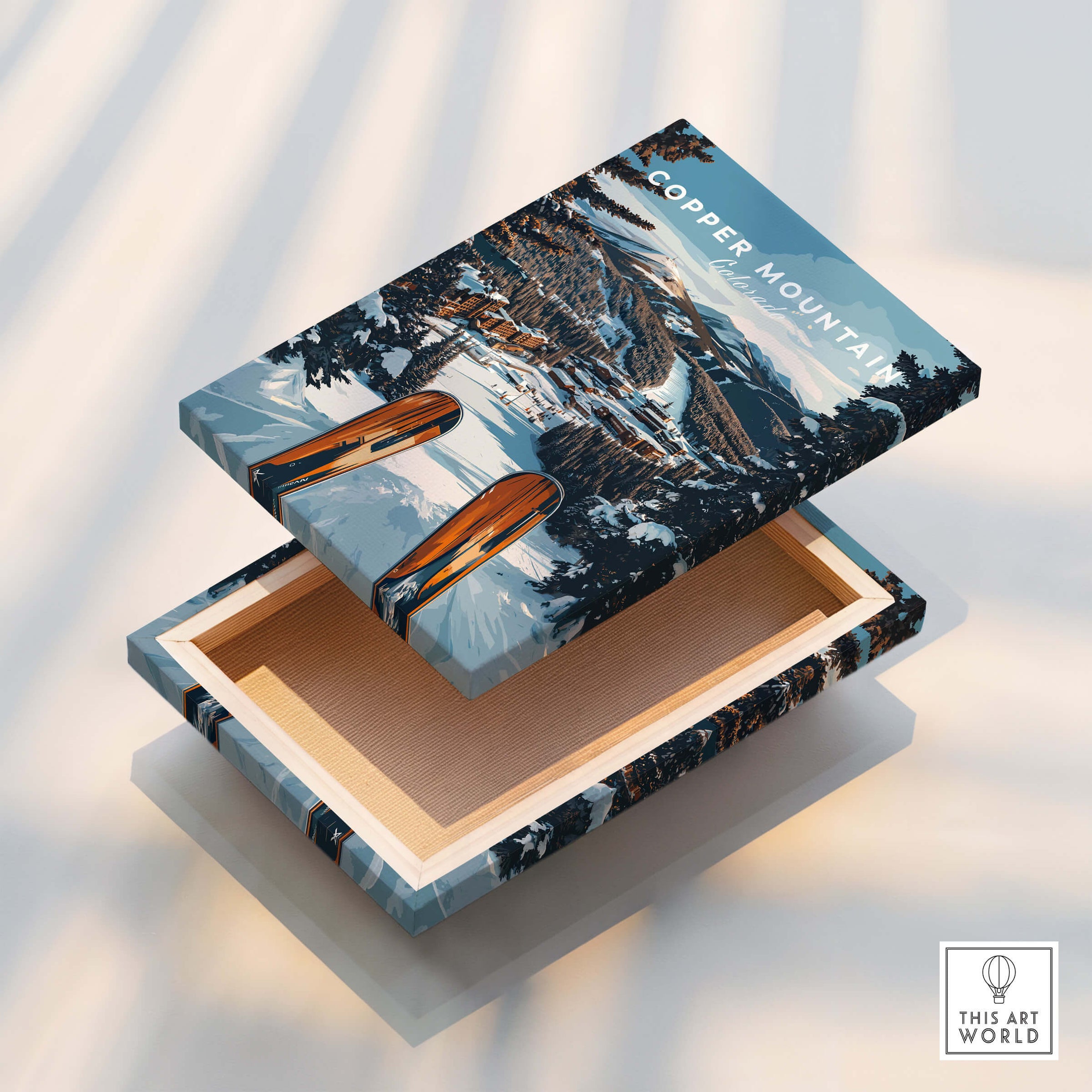Copper Mountain Ski Print decorative box featuring a scenic snowy landscape and vintage skis.