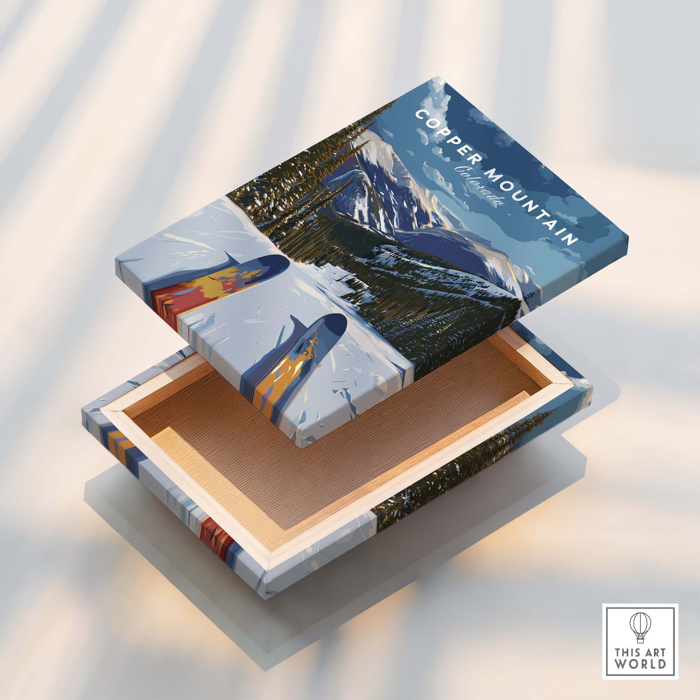 Ski Print Copper Mountain Colorado artwork on a decorative box featuring ski motifs and mountain scenery.