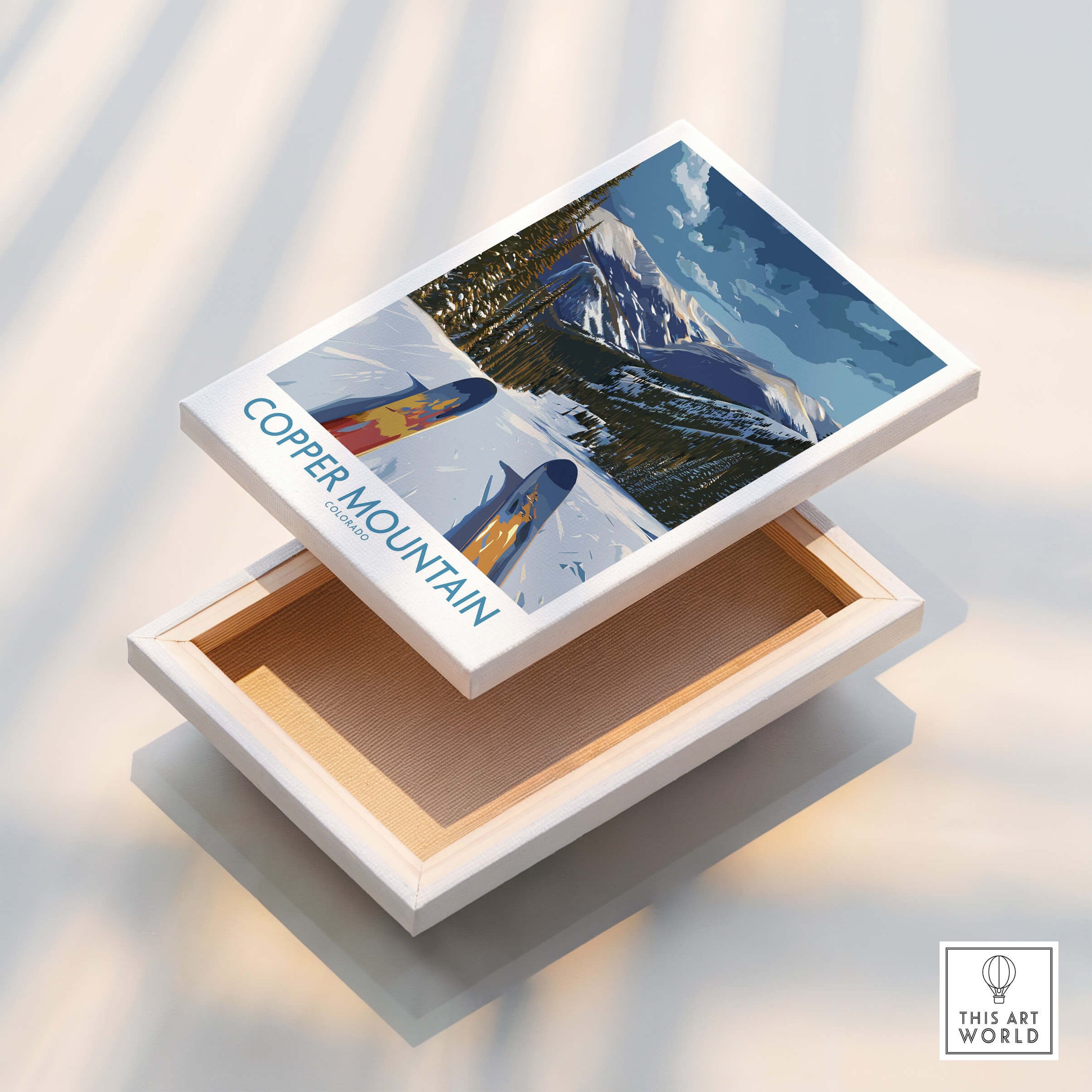 Copper Mountain Colorado Wall Art – Snowy Peak Winter Sports Print in a display box showcasing stunning mountain landscape.