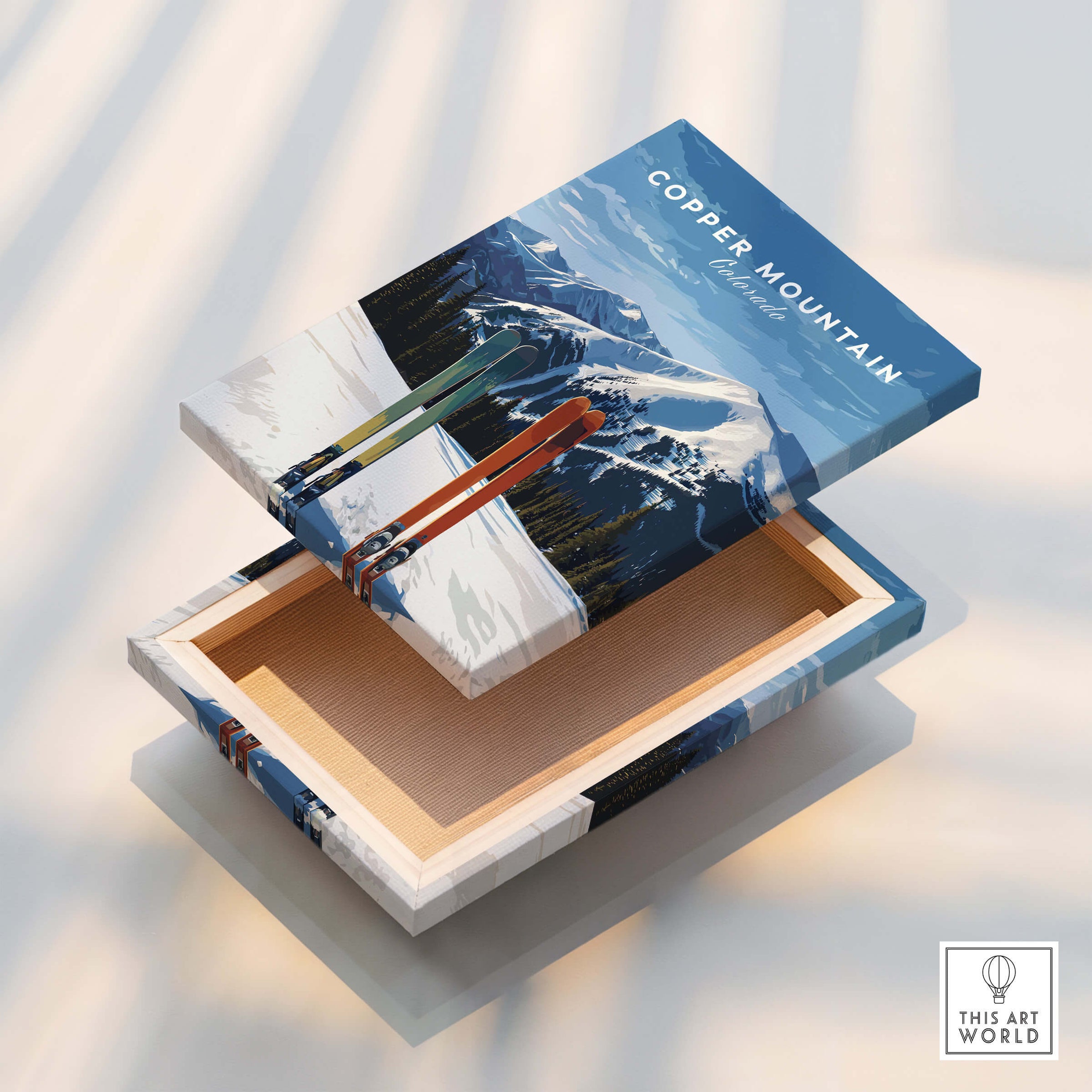 Copper Mountain Travel Poster – Colorado Mountain Summit & Ski Art Print displayed on a decorative box with scenic design.