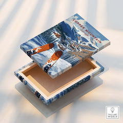 Copper Mountain Ski Poster – Winter Ski Village & Snowy Mountain Art displayed on a wooden box with ski design.