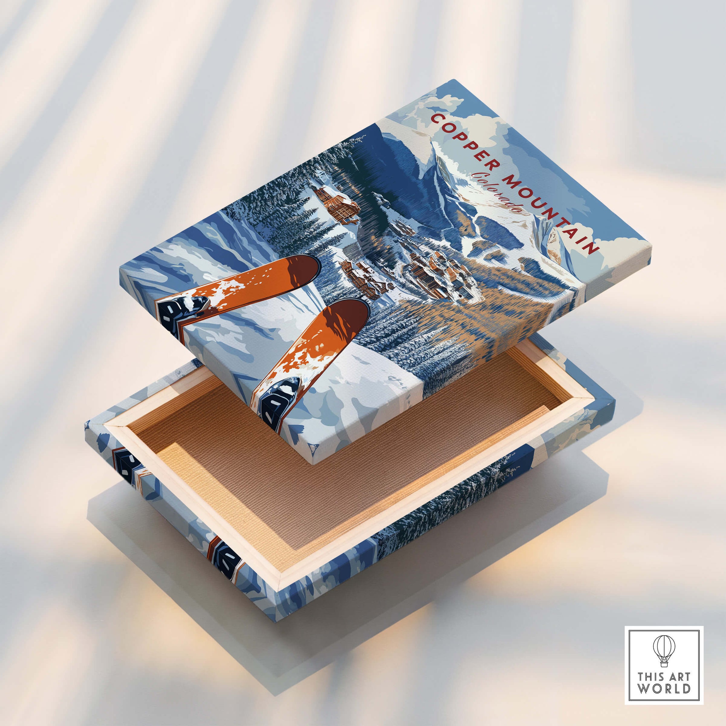 Copper Mountain Ski Poster – Winter Ski Village & Snowy Mountain Art displayed on a wooden box with ski design.