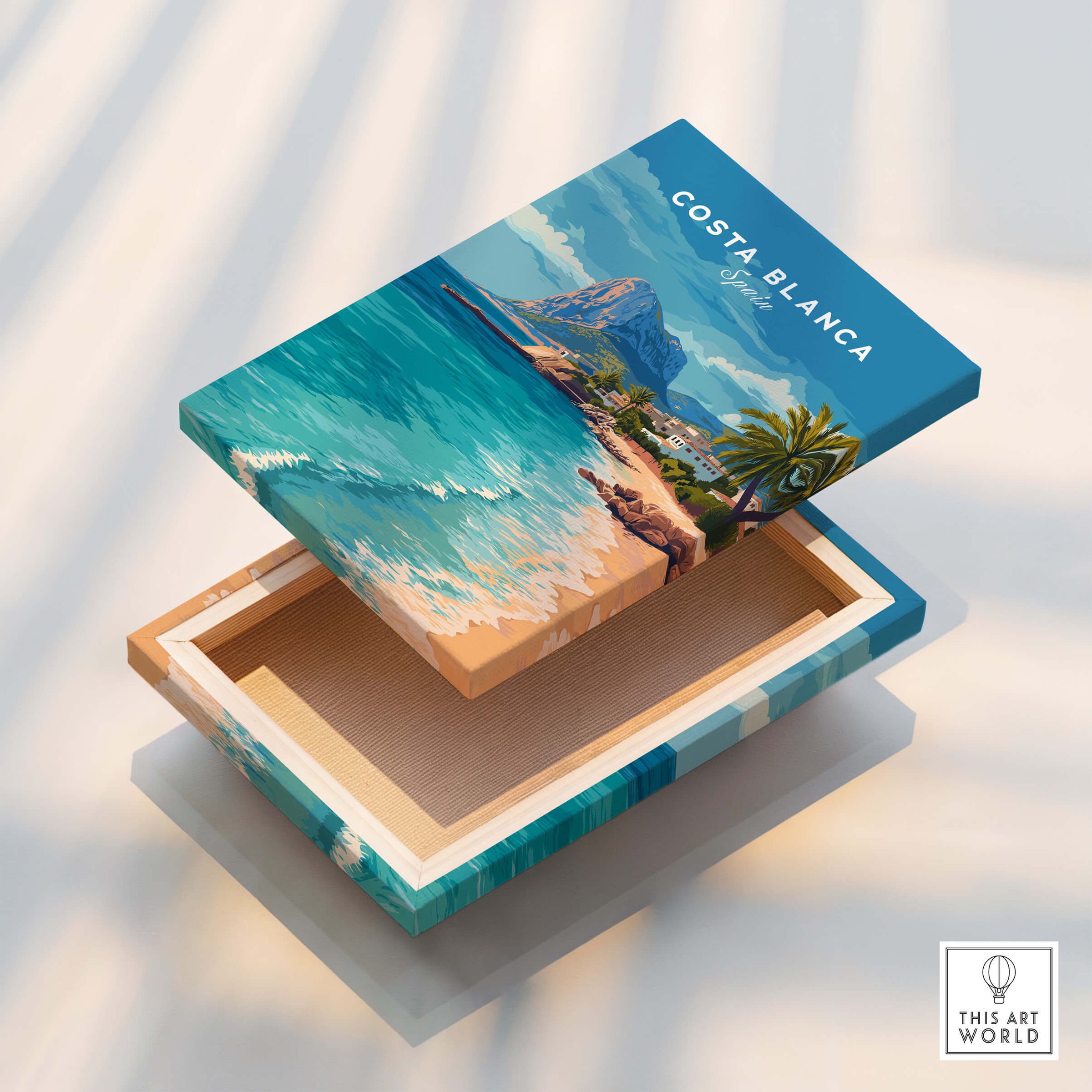 Costa Blanca Spain Travel Art – Mediterranean Village & Turquoise Sea Landscape Poster in a decorative box