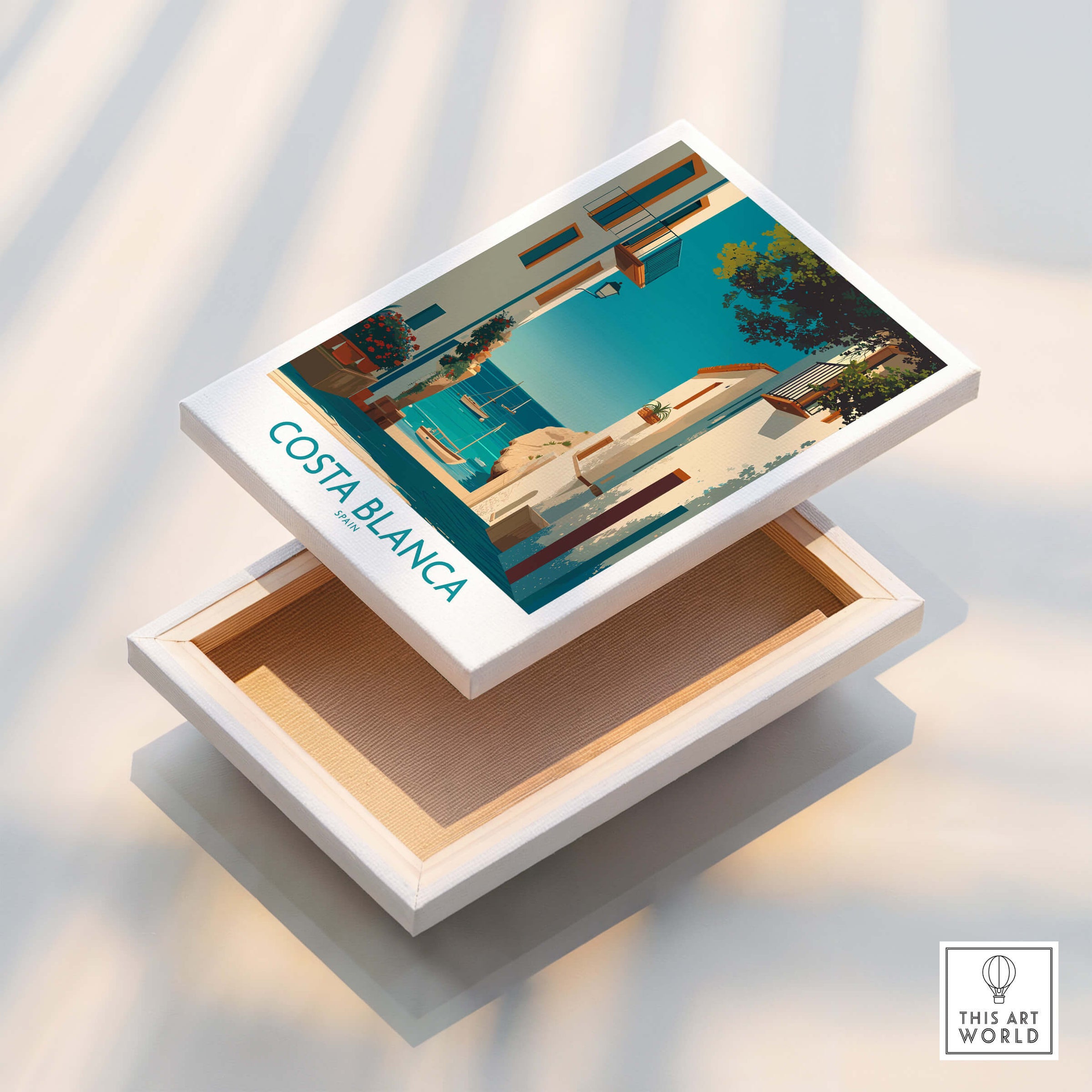 Costa Blanca Spain Wall Art Print - Spanish Village Artwork showcased on a decorative box with vibrant colors.