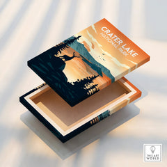 Crater Lake National Park canvas print with sunset landscape and silhouette of a deer.