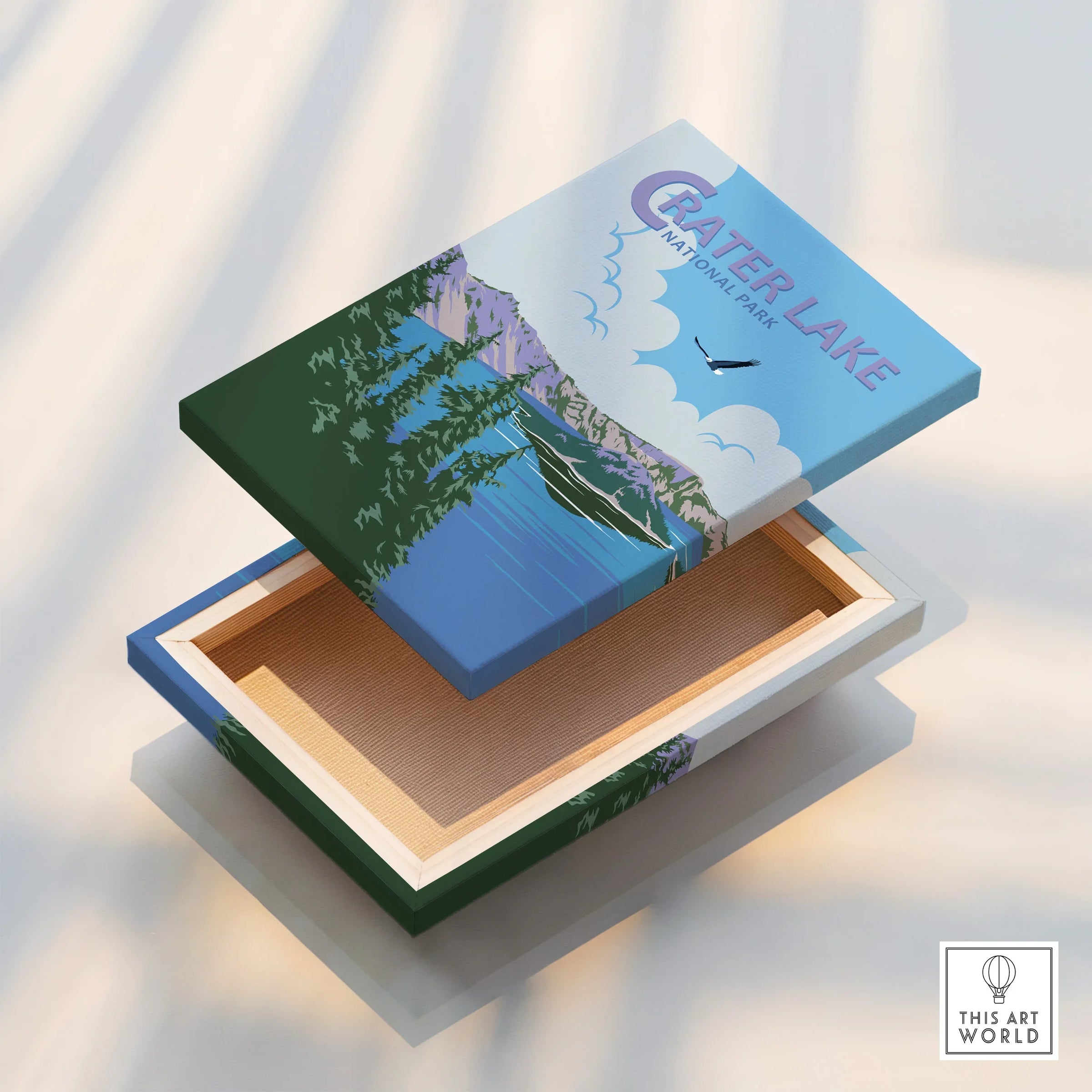 Crater Lake National Park keepsake box with scenic landscape artwork and blue sky.