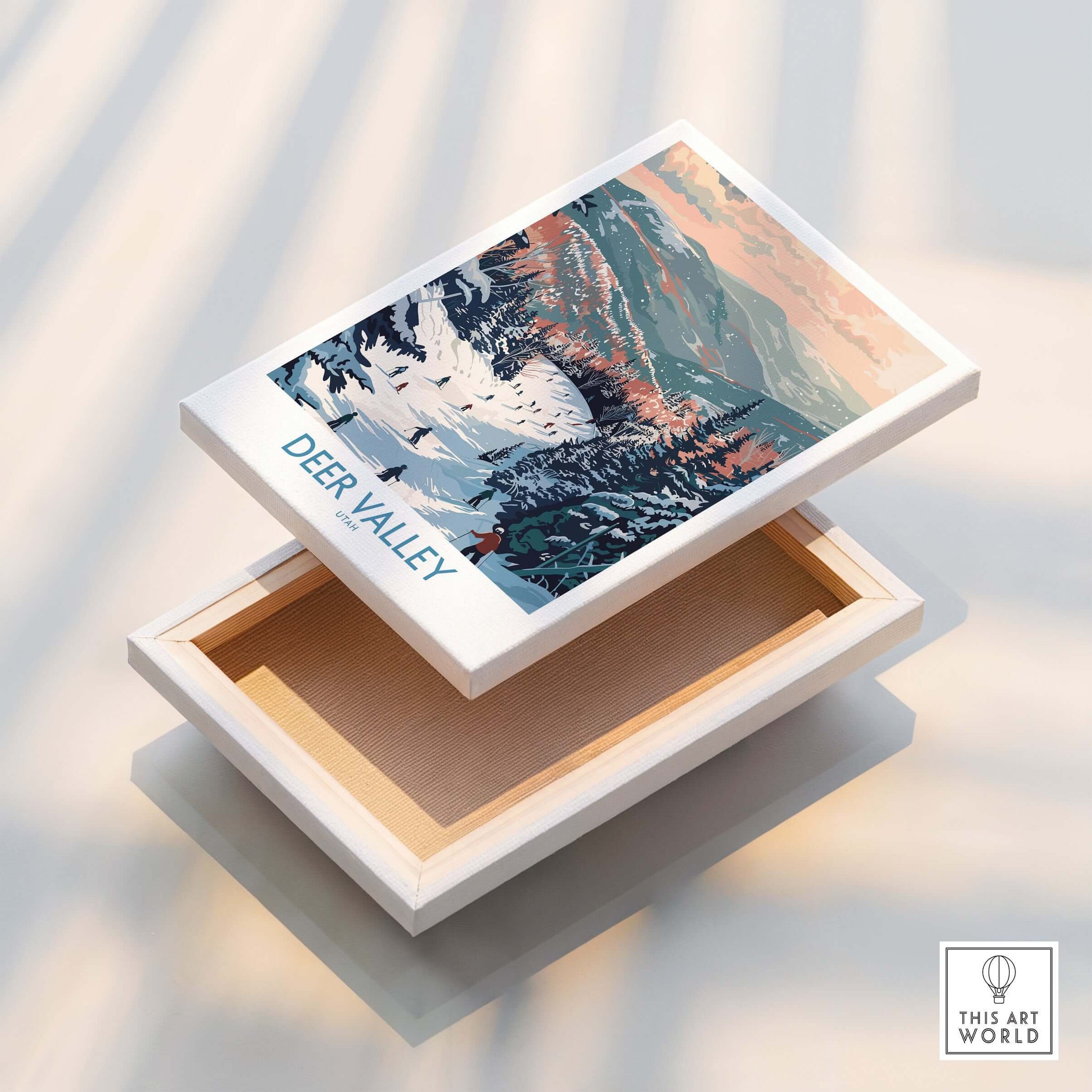 Deer Valley Travel Poster - Utah displayed on a box, showcasing the beautiful ski landscape of Deer Valley.