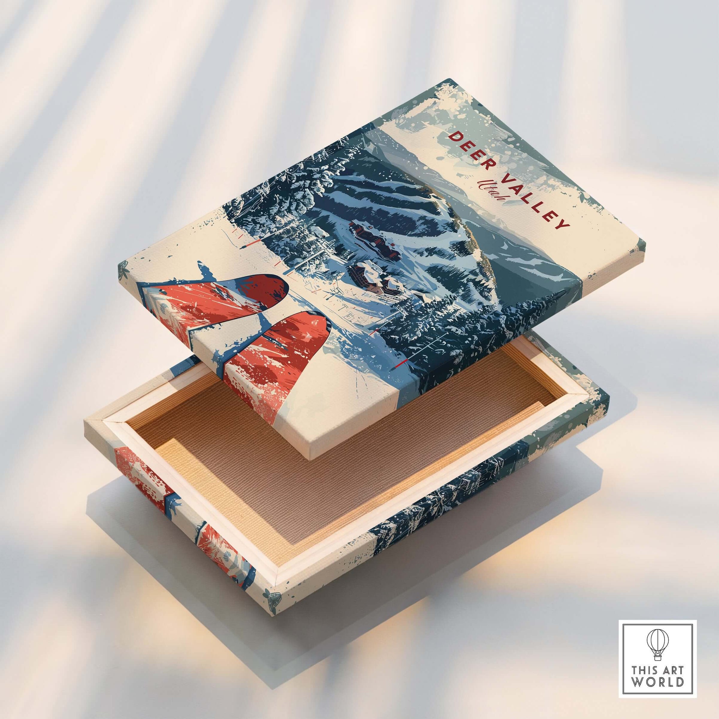 Deer Valley Ski Poster art box featuring vibrant ski slopes and winter landscape design.