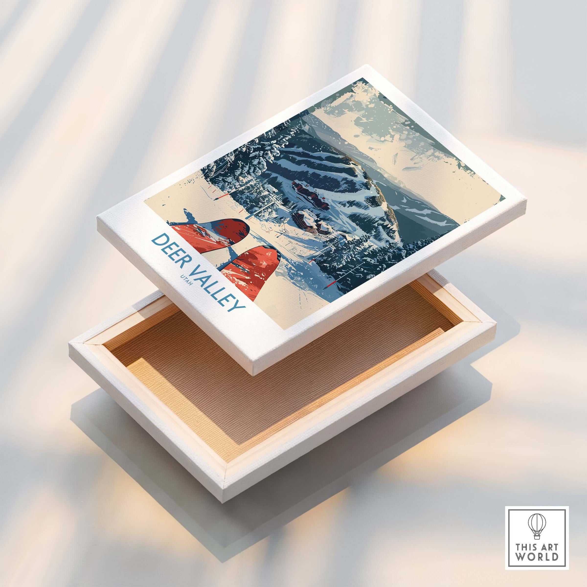 Deer Valley Wall Art poster showcasing a skier on a snowy mountain, perfect for winter decor.