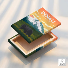 Denali National Park canvas print with bear, mountains, and sunset landscape art.