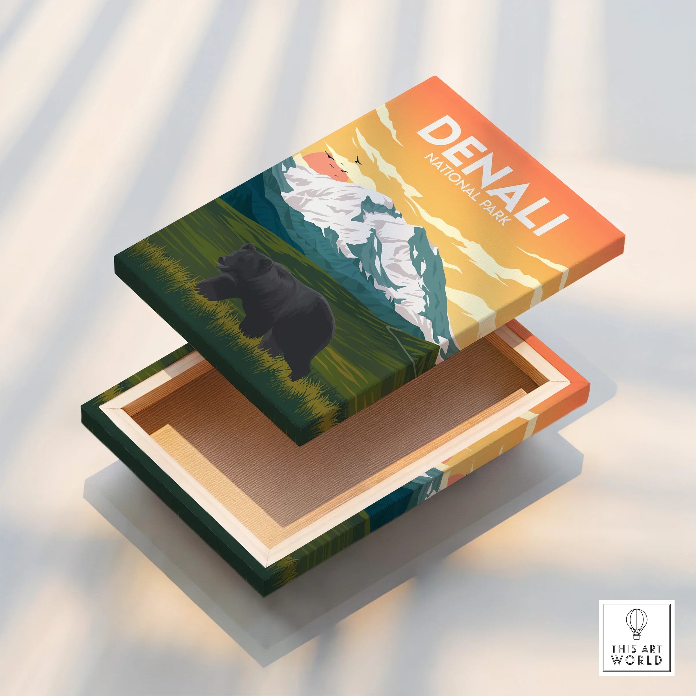 Denali National Park canvas print with bear, mountains, and sunset landscape art.